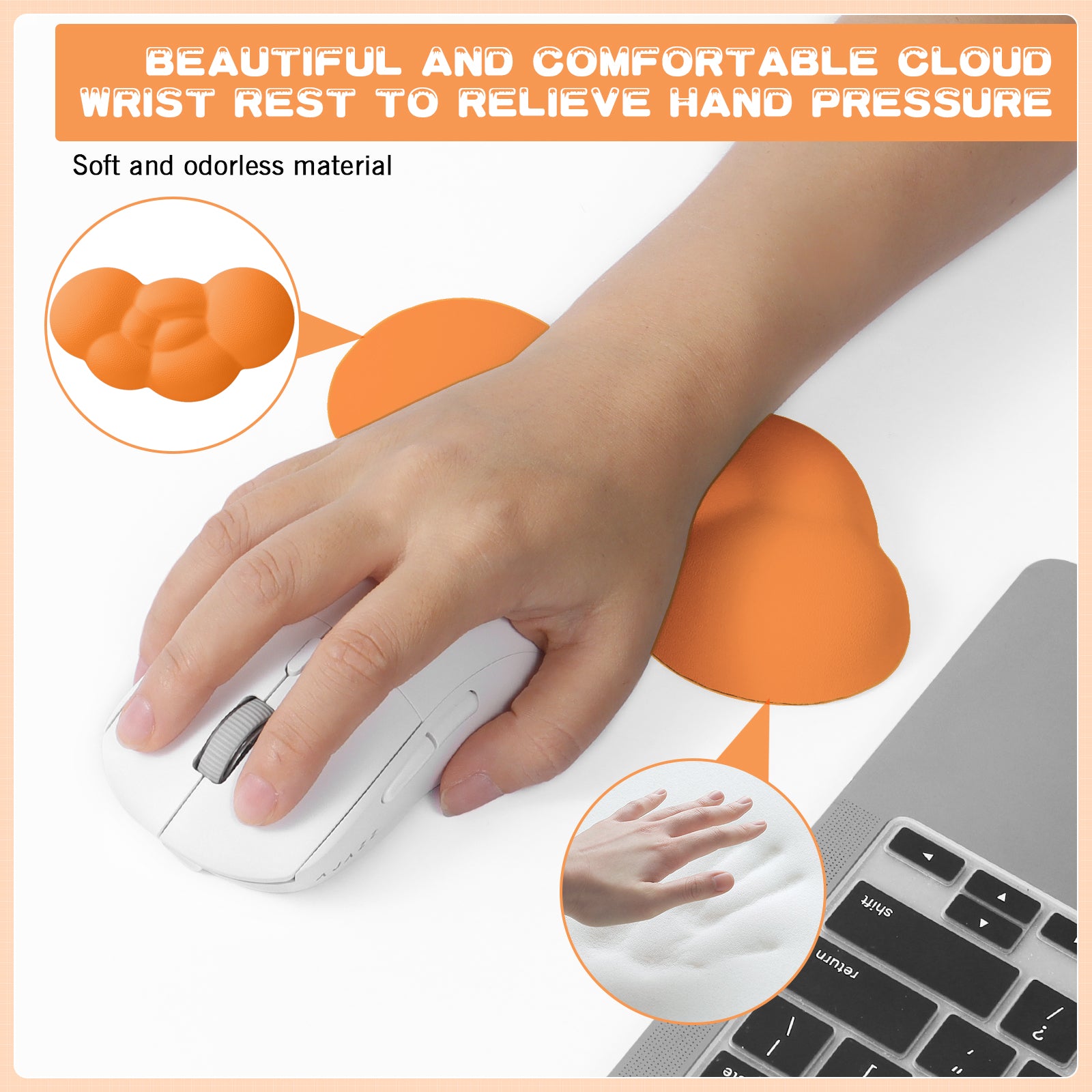 Orange cloud wrist rest provides comfort and support for gaming mouse usage.