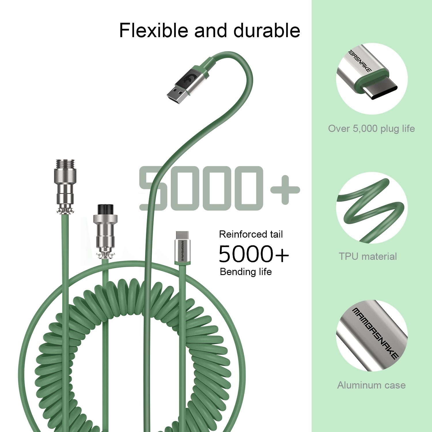 Green coiled USB-C keyboard cable with detachable aviator connector, 5000+ bending life.