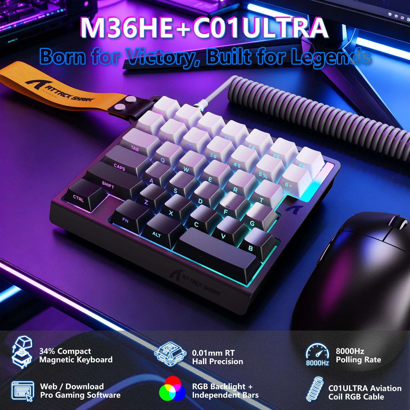 ATTACK SHARK M36 HE Einhändiges Tastatur mit Magnetischem Schalter & C01 ULTRA LED Aviator Kabel