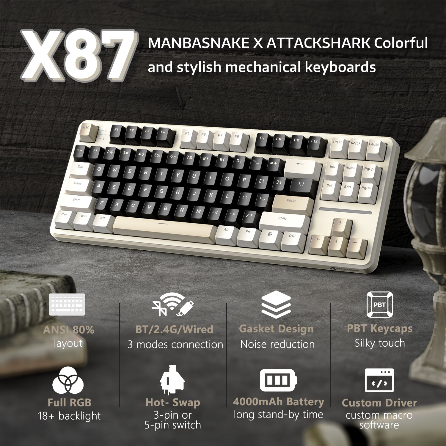 X87 Tri-mode mechanical keyboard in beige and black with RGB backlighting