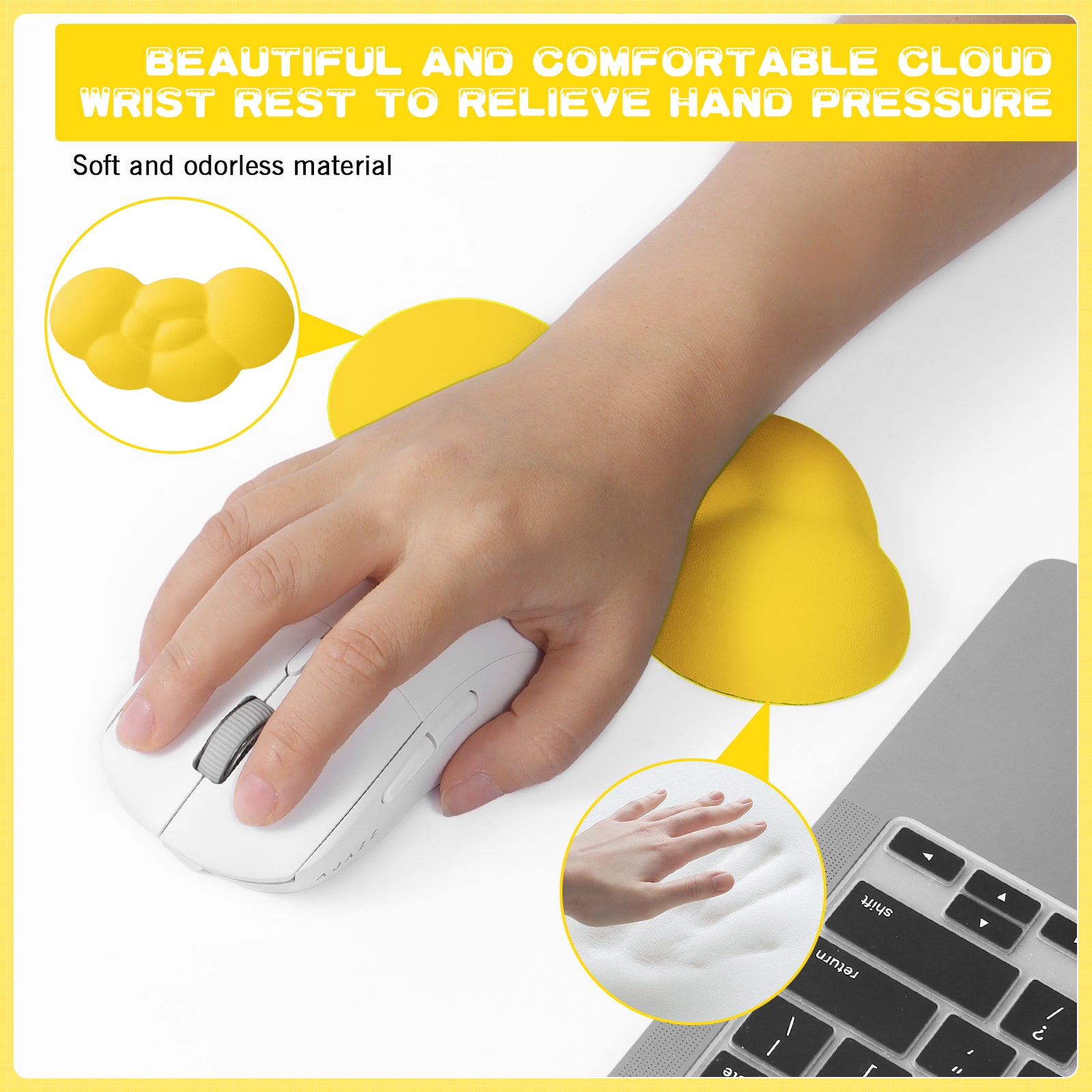 Hand using yellow cloud wrist rest to relieve hand pressure while using a gaming mouse.