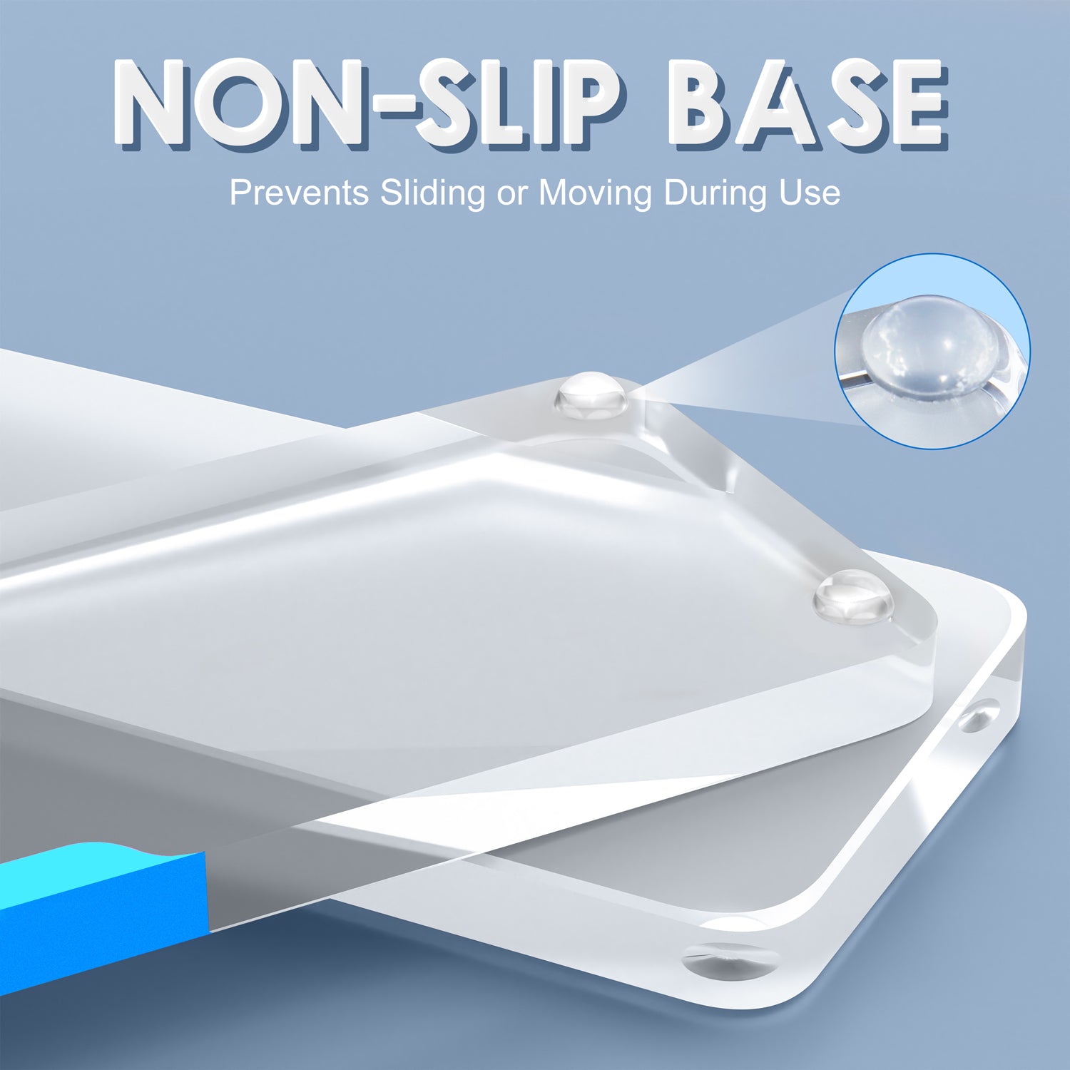 Non-slip rubber pads on acrylic wrist rest ensure stability during use.