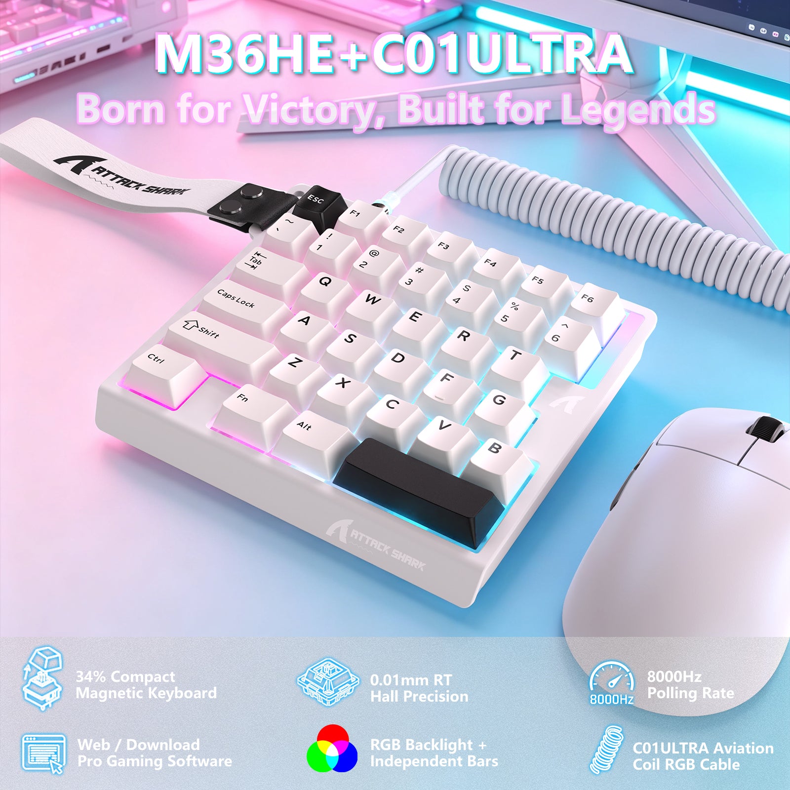 ATTACK SHARK M36 HE Einhändiges Tastatur mit Magnetischem Schalter & C01 ULTRA LED Aviator Kabel