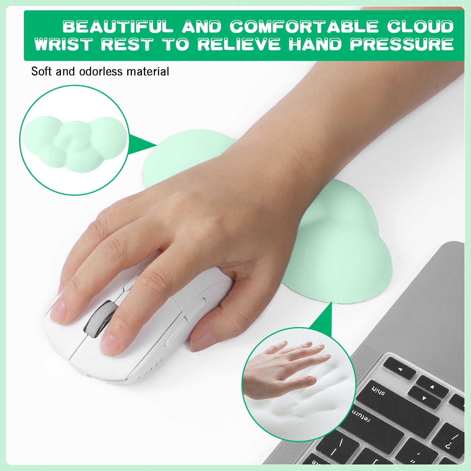 Mint green cloud wrist rest relieving hand pressure with gaming mouse.