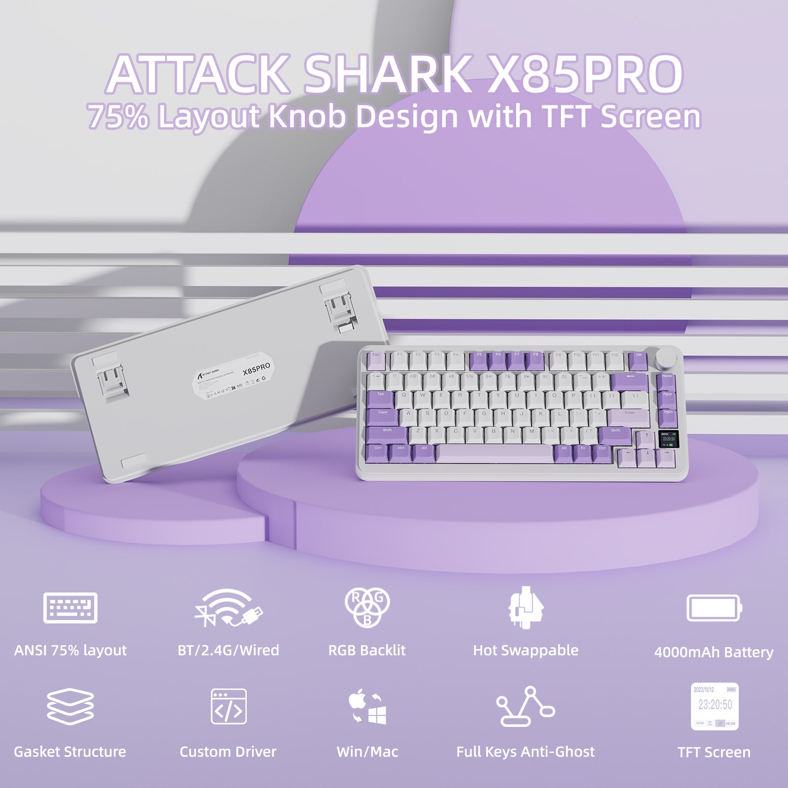 Attack Shark X85PRO keyboard with purple-white keycaps and TFT display features.