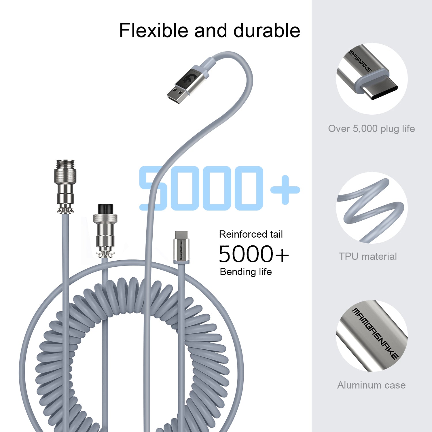 Durable coiled USB-C cable with aviation connector, aluminum casing, and flexible design.