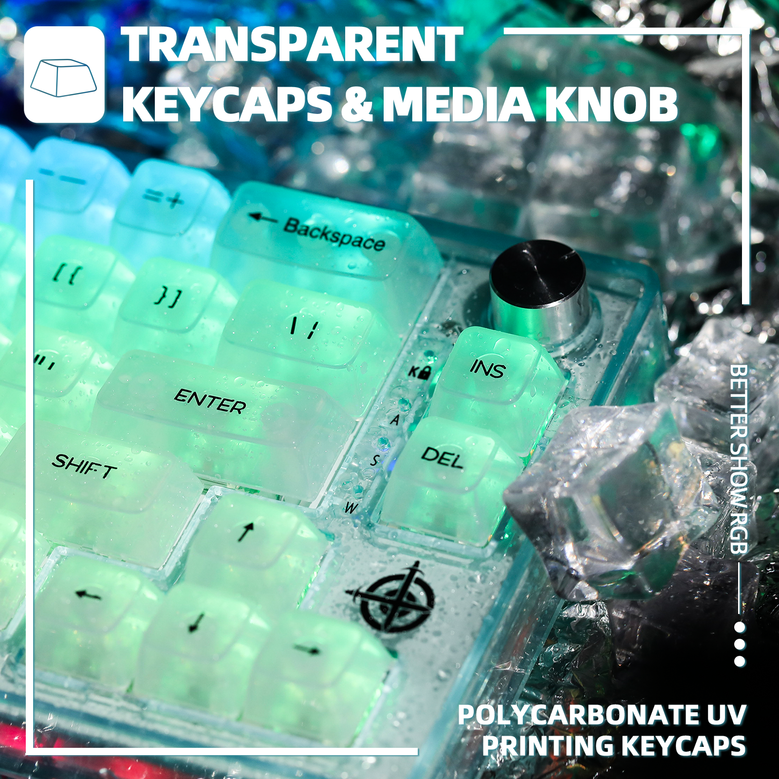 Close-up of MK31 keyboard with transparent keycaps and illuminated media knob.