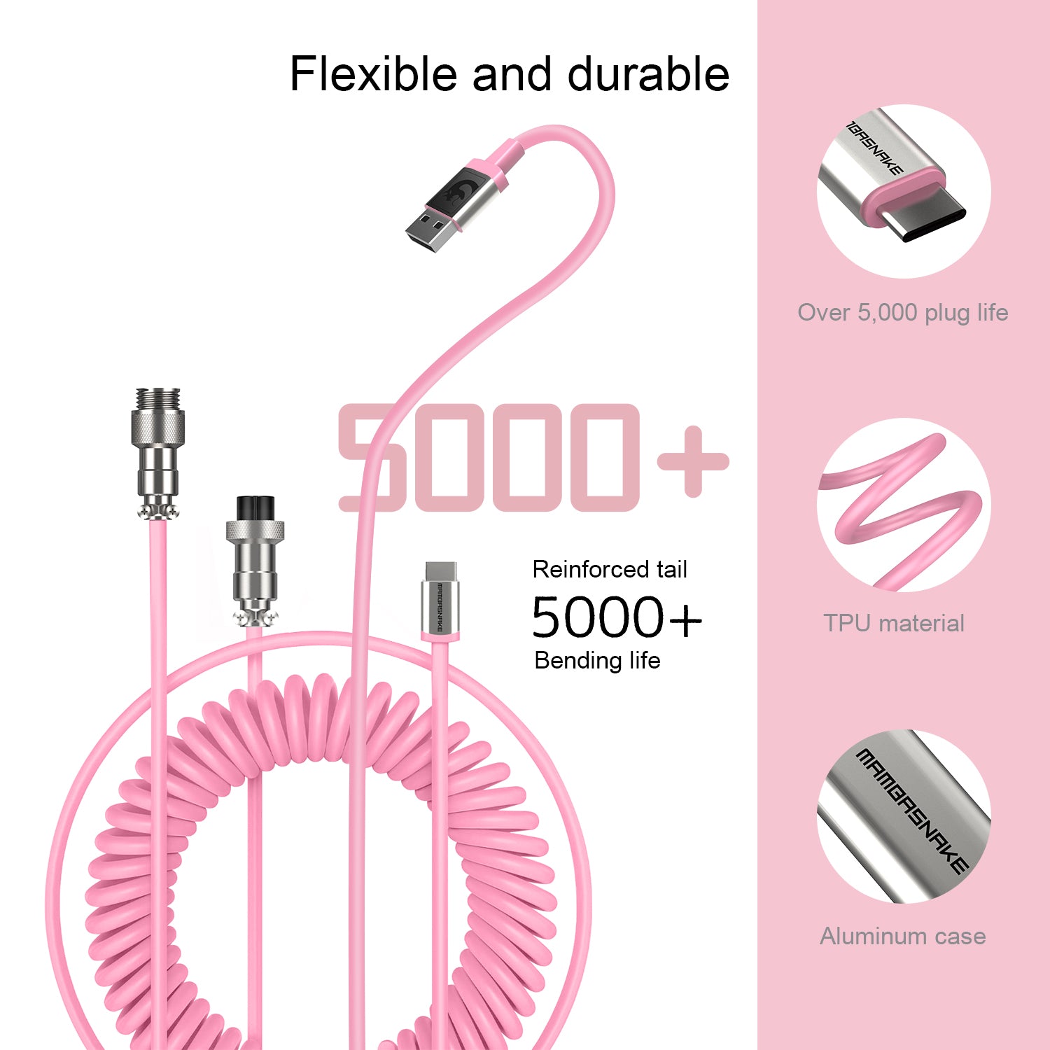 Coiled pink USB-C keyboard cable with aviator connector, durable design rated 5000+ bends.