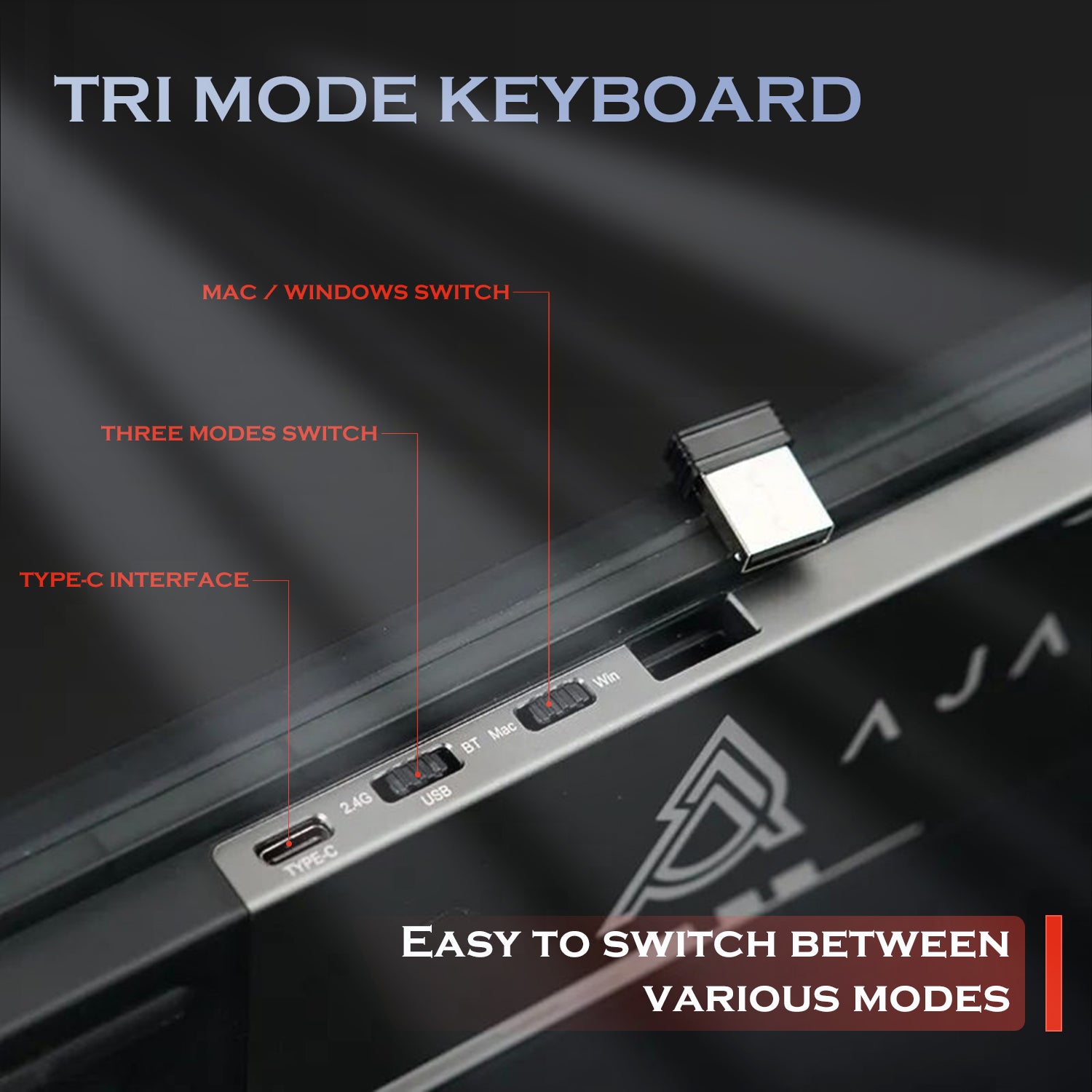 Tri-mode connection options for AK832PRO keyboard: USB-C, 2.4G, Bluetooth.