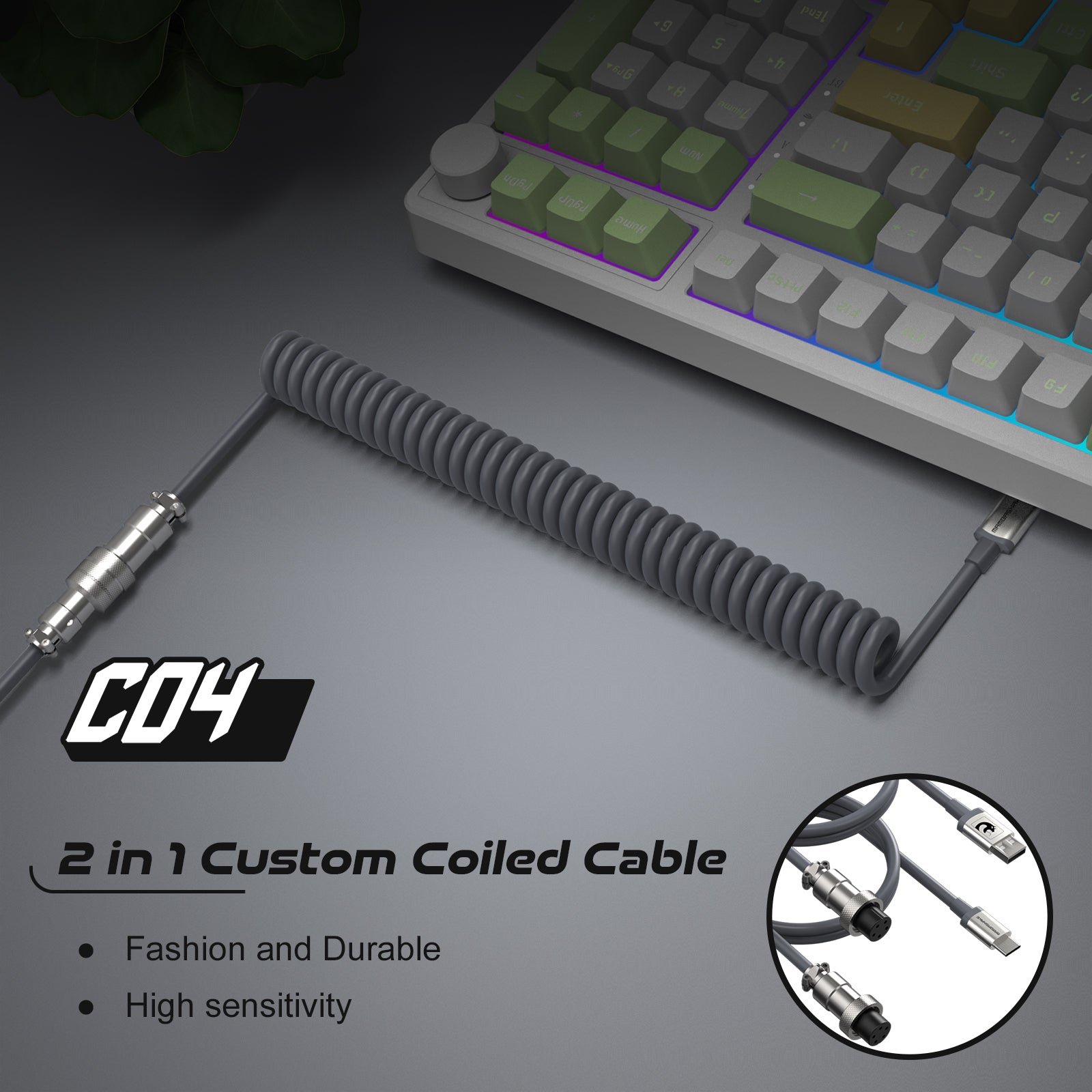 Attack Shark C04 custom coiled cable connected to a mechanical keyboard.