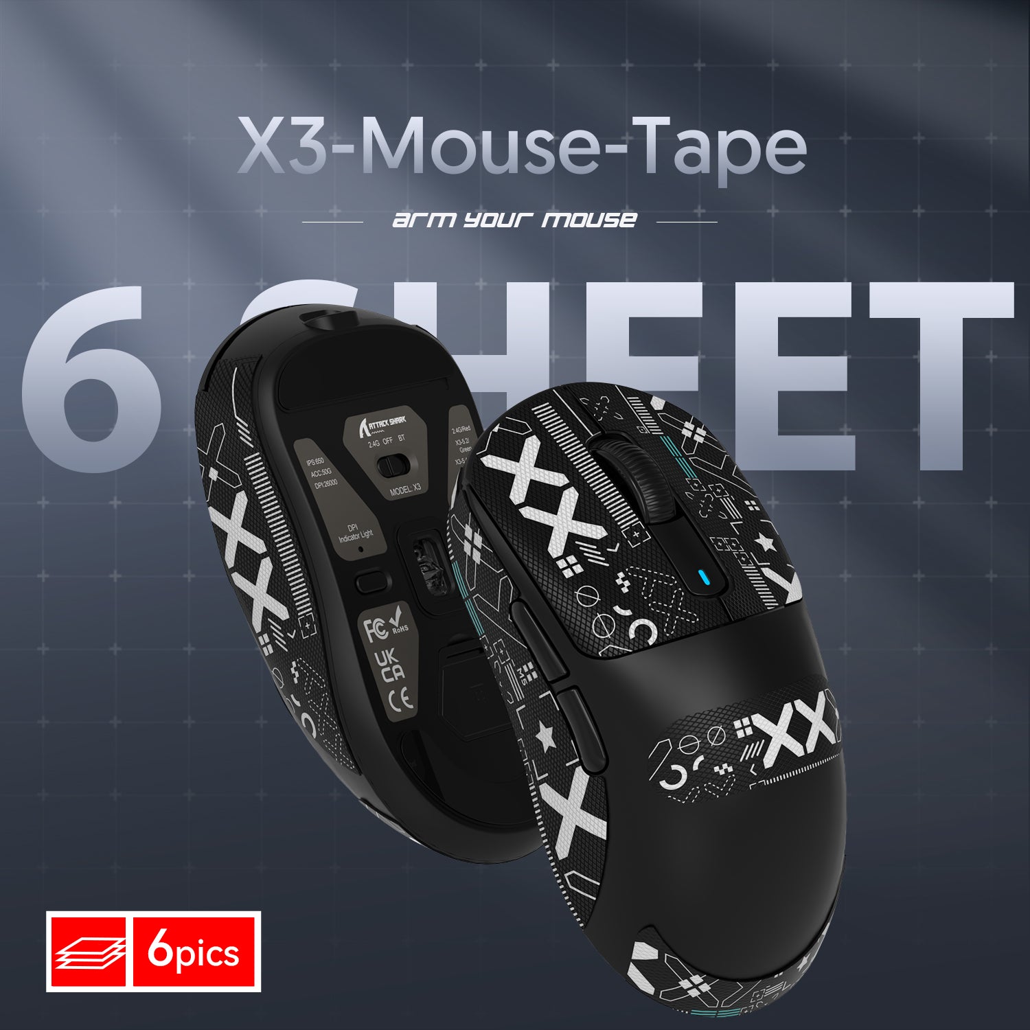 X3 grip tape pack for gaming mouse displaying six non-slip sheets with geometric patterns.