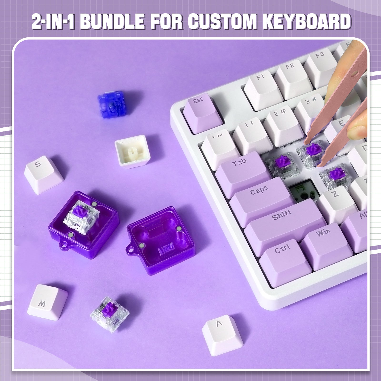 2-in-1 switch opener kit with switch puller for custom keyboard on purple background.