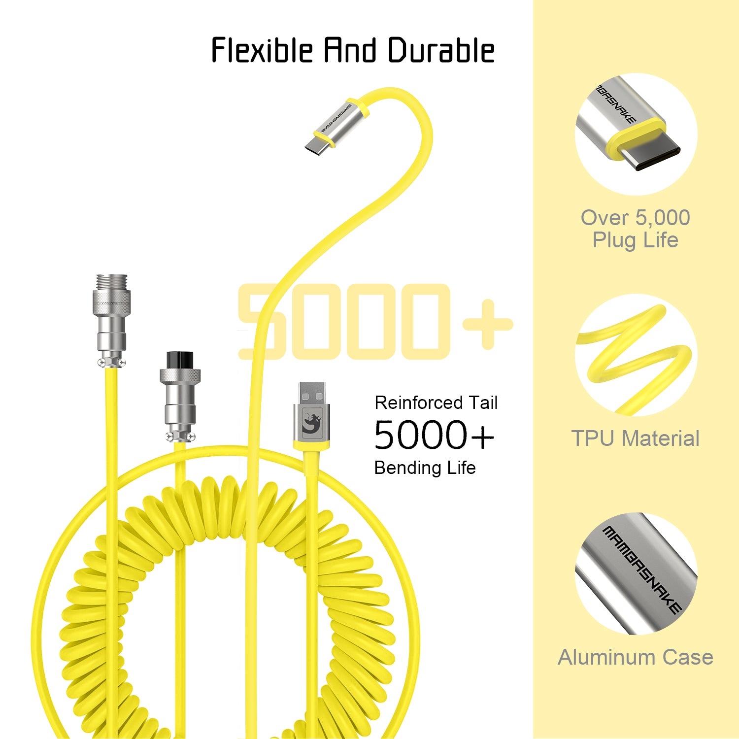 Yellow coiled USB-C keyboard cable with 5000+ bending life and detachable aviator connector.