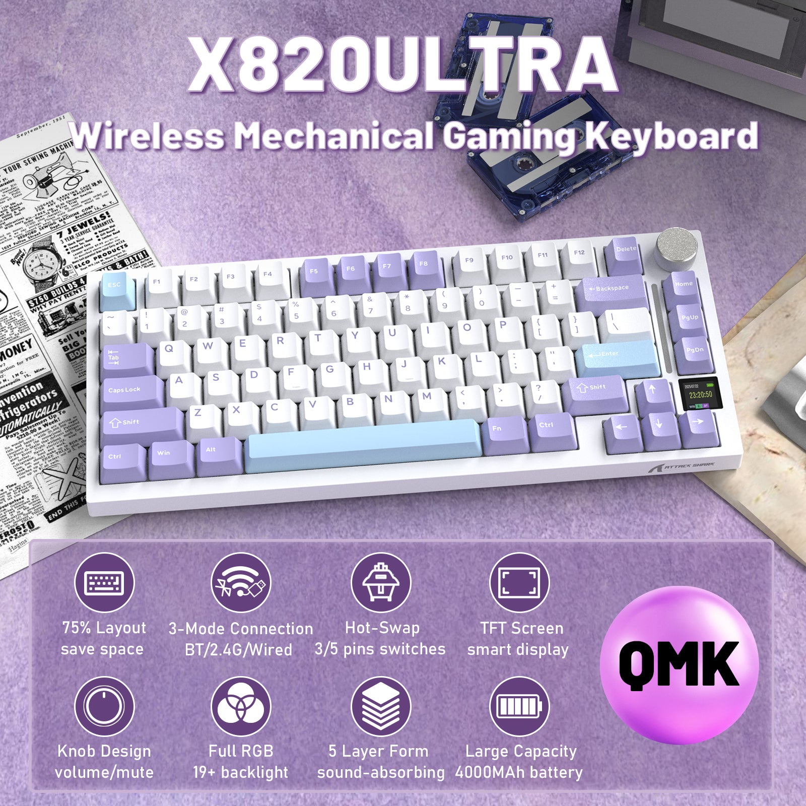 Teclado mecánico ATTACK SHARK X820ULTRA con cable en espiral C01ULTRA