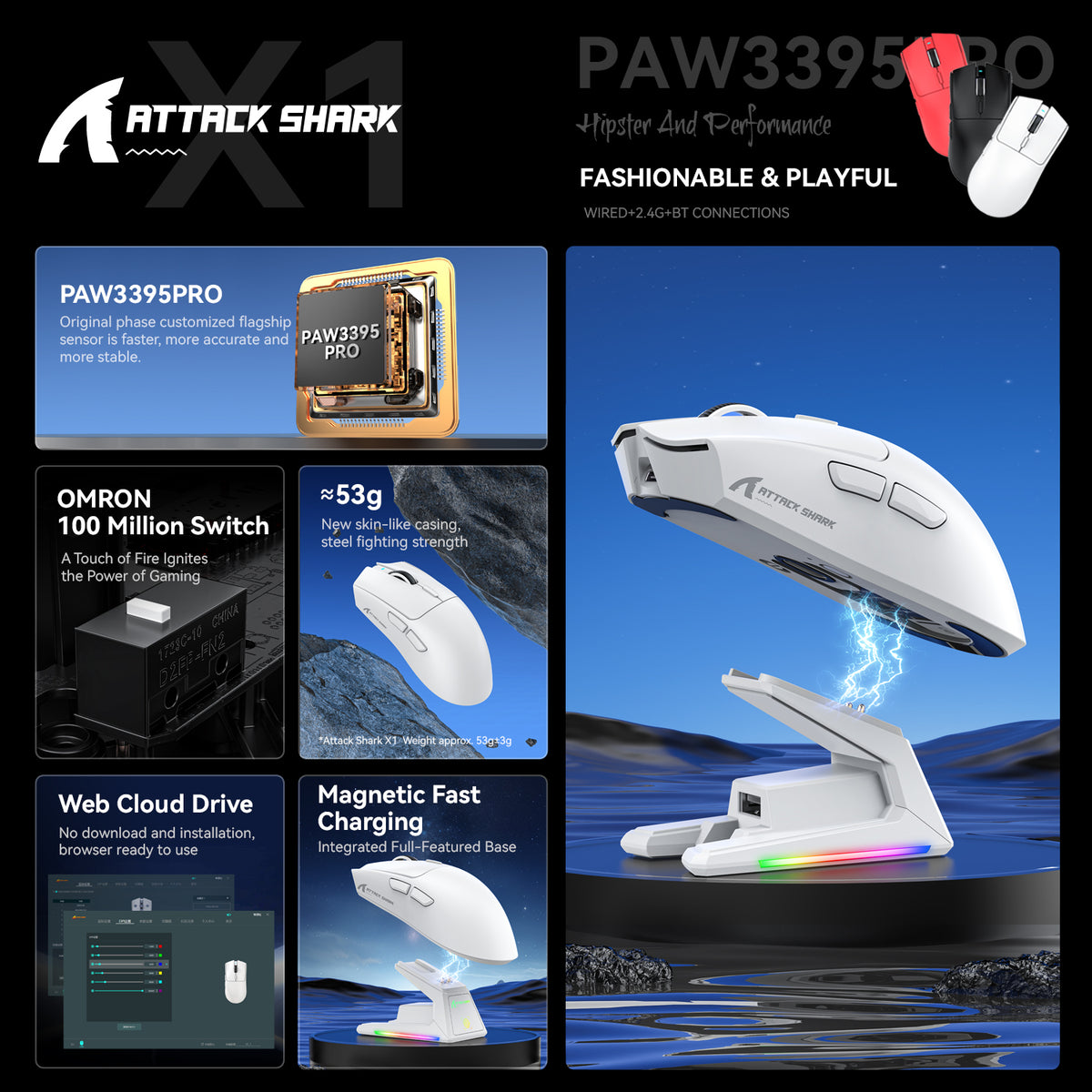 ATTACK SHARK X1 Tri-mode Gaming Mouse with Touchpad RGB Charging Dock