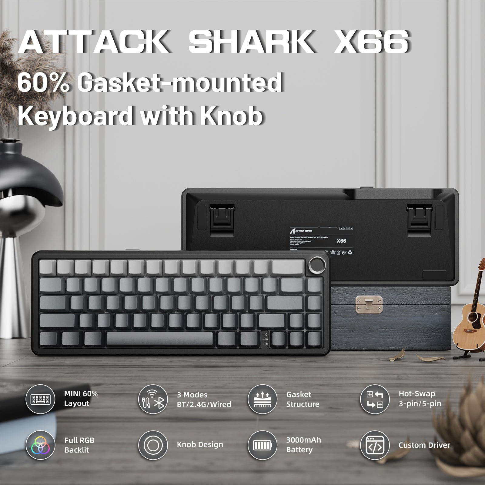 Clavier mécanique sans fil ATTACK SHARK X66 avec câble spiralé 8K