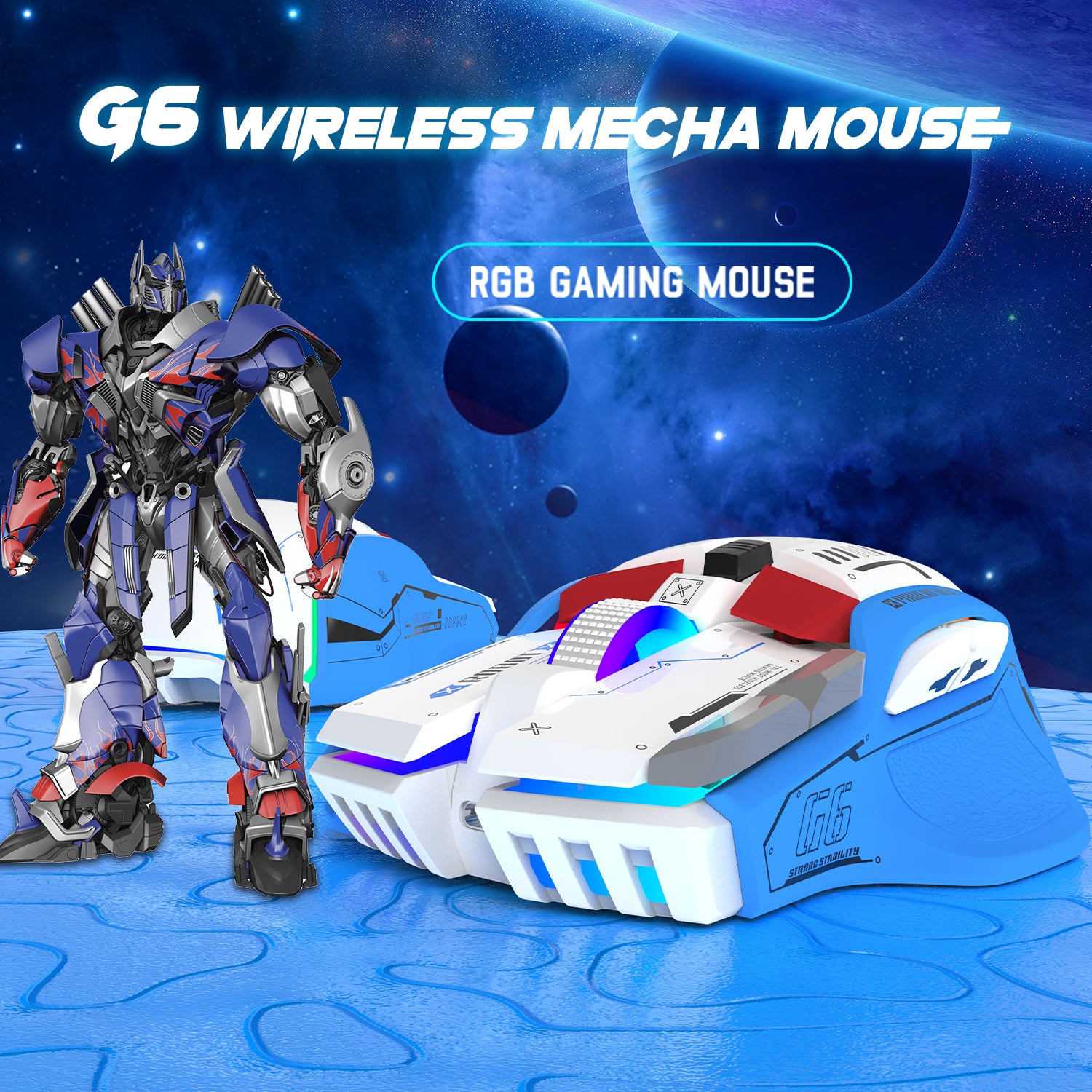 G6 Wireless Mecha Gaming Mouse with RGB lighting and mech robot figure background.