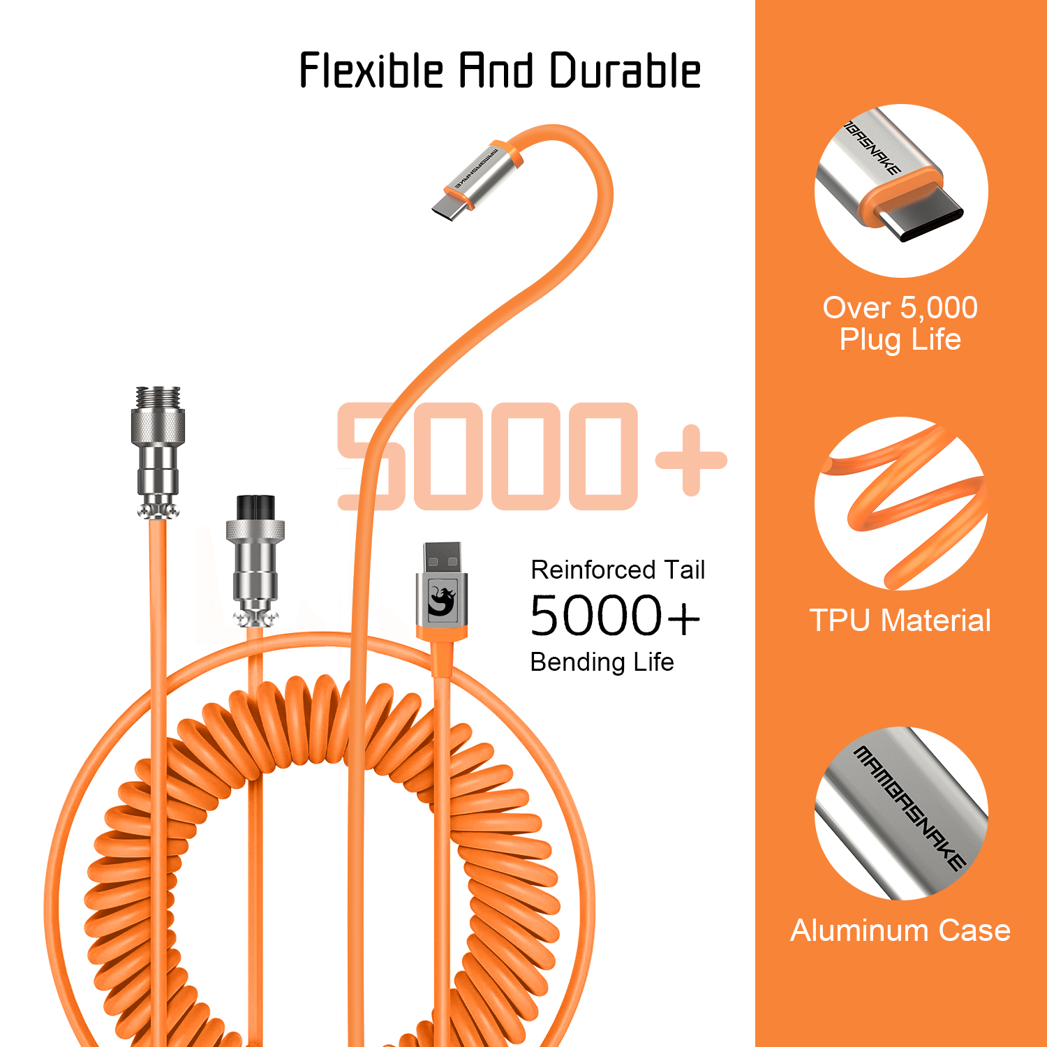 Durable orange coiled USB-C cable with aluminum connector and 5000+ bending life.