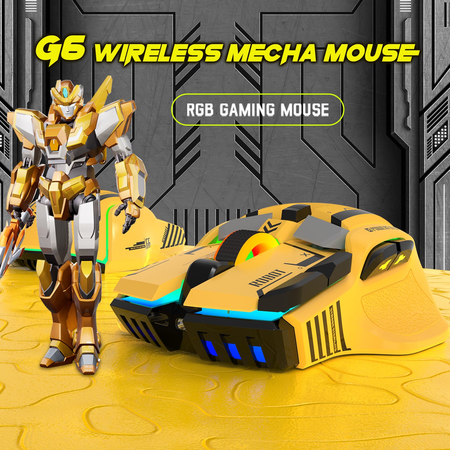 G6 wireless gaming mouse with mech design next to a robot figure, featuring RGB lighting.