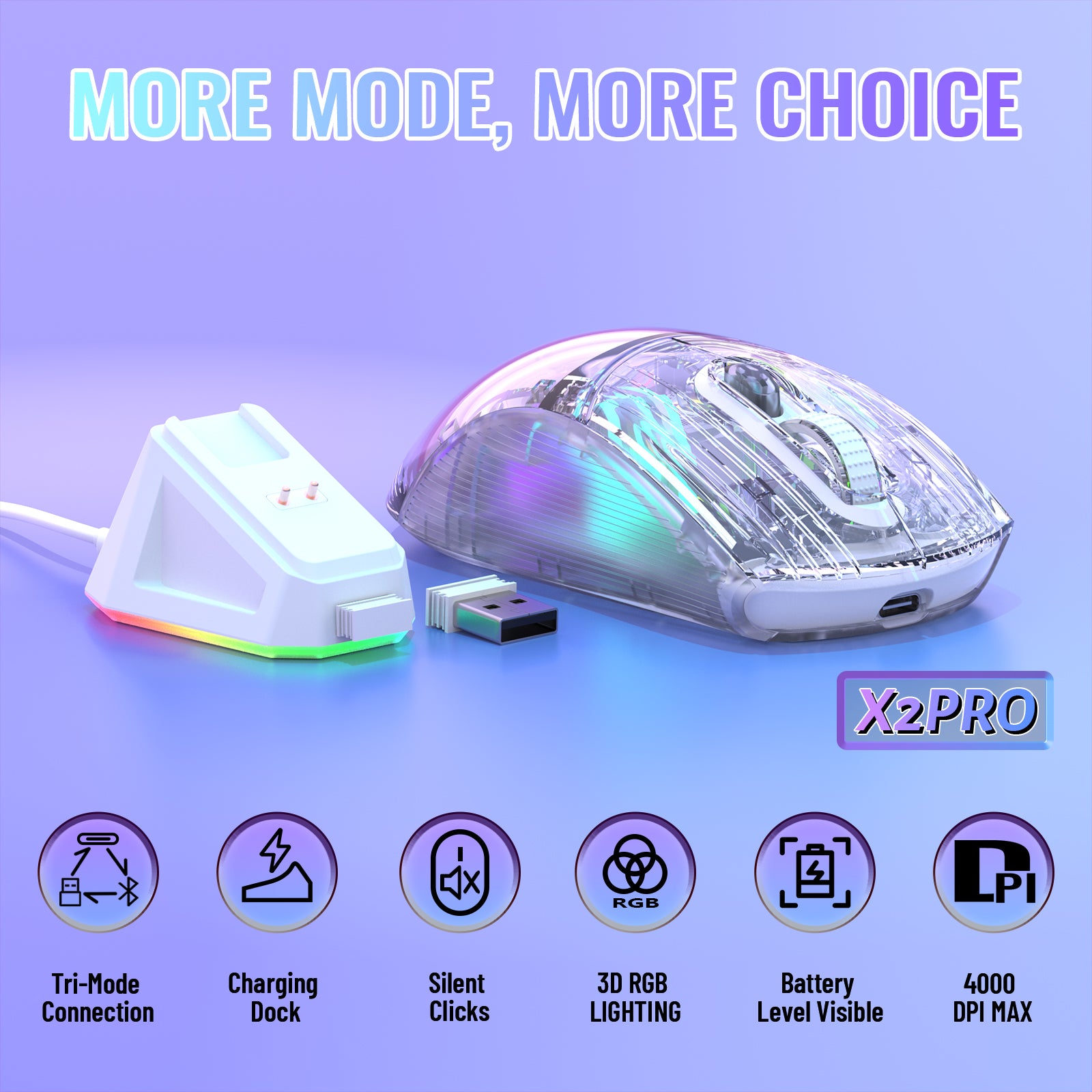 X2PRO wireless gaming mouse with tri-mode connectivity and RGB lighting effects.