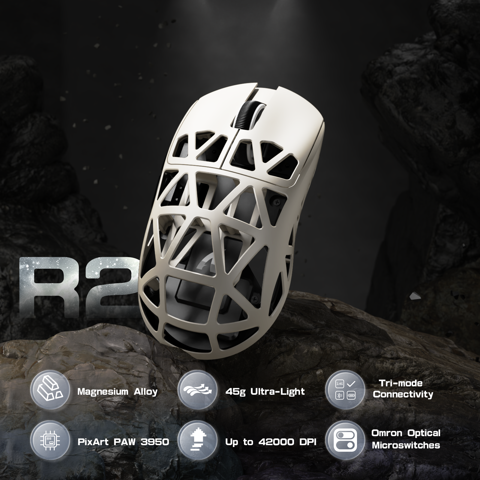 R2PRO Gaming Mouse featuring magnesium alloy, 45g weight, and PixArt PAW3950 sensor.