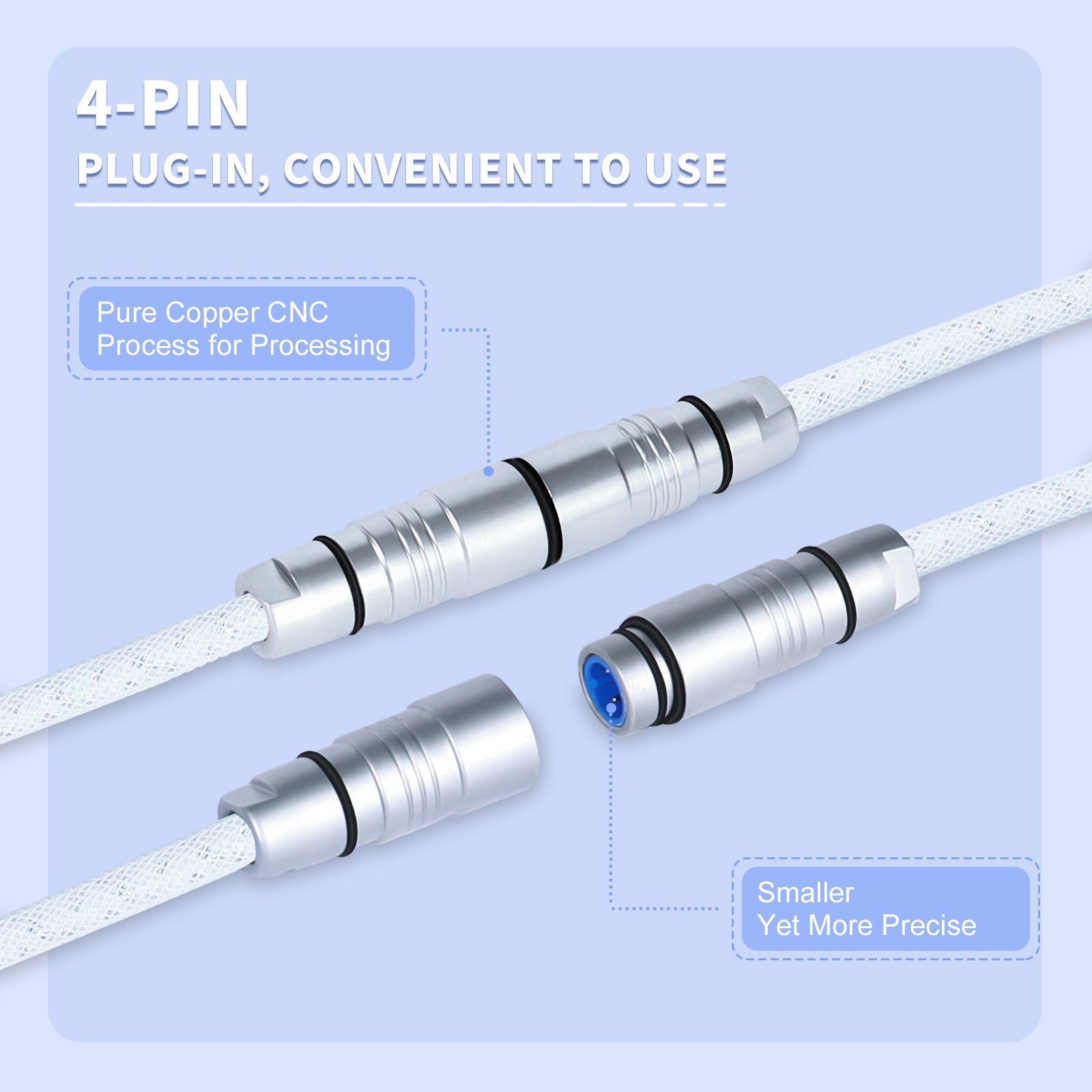 Precision 4-pin aviation connectors on white braided cable for gaming setups