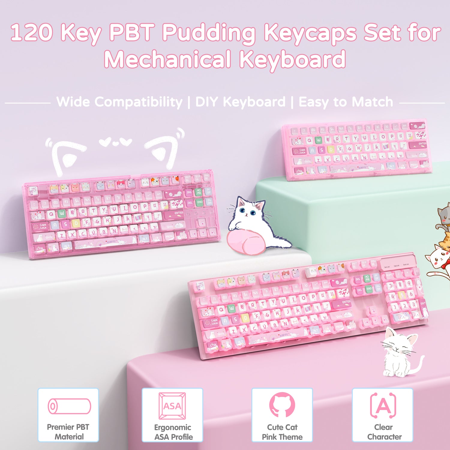 120-Key PBT Pudding Keycaps Set for mechanical keyboards with cute cat characters