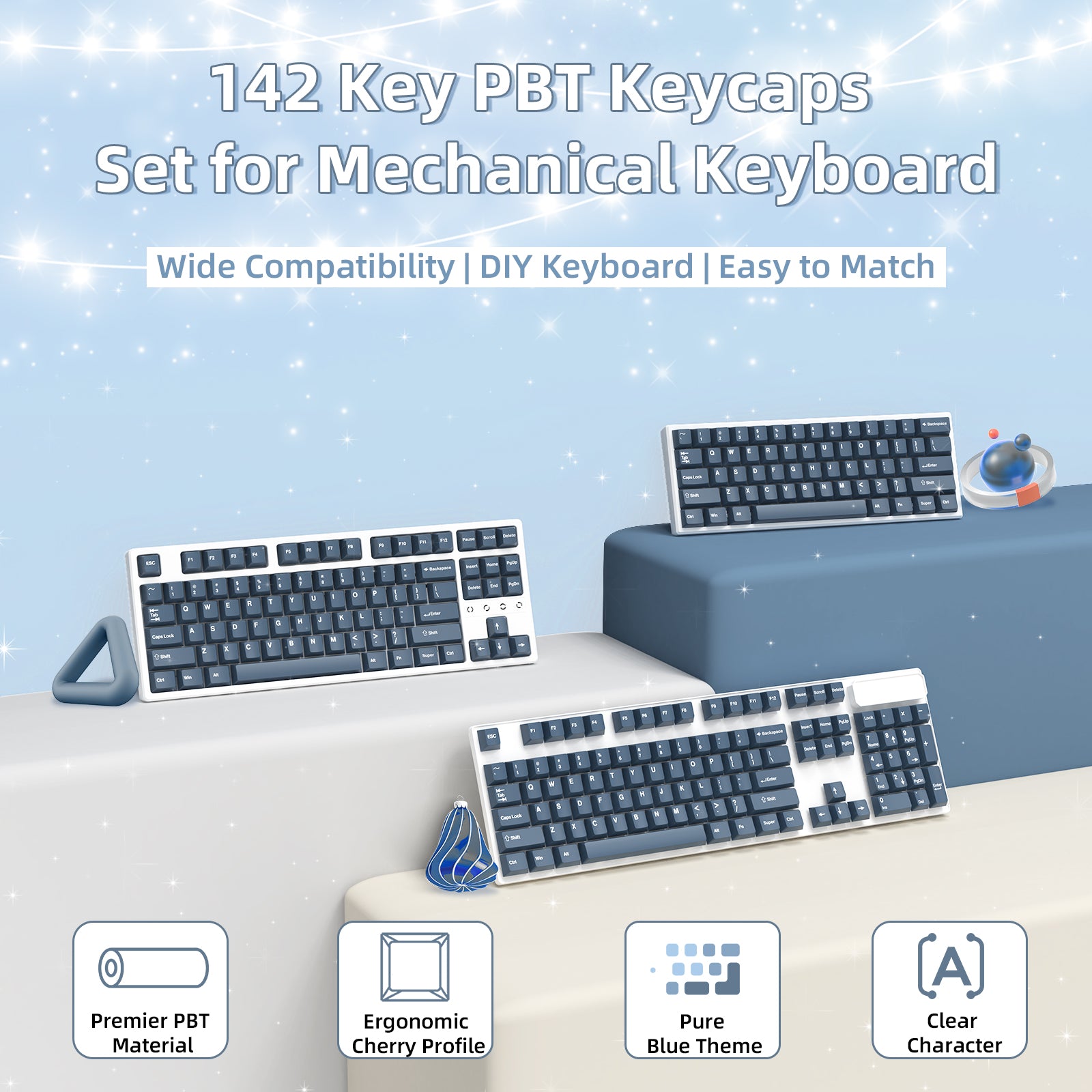 142 key PBT keycap set in blue and white for mechanical keyboards with ergonomic design.