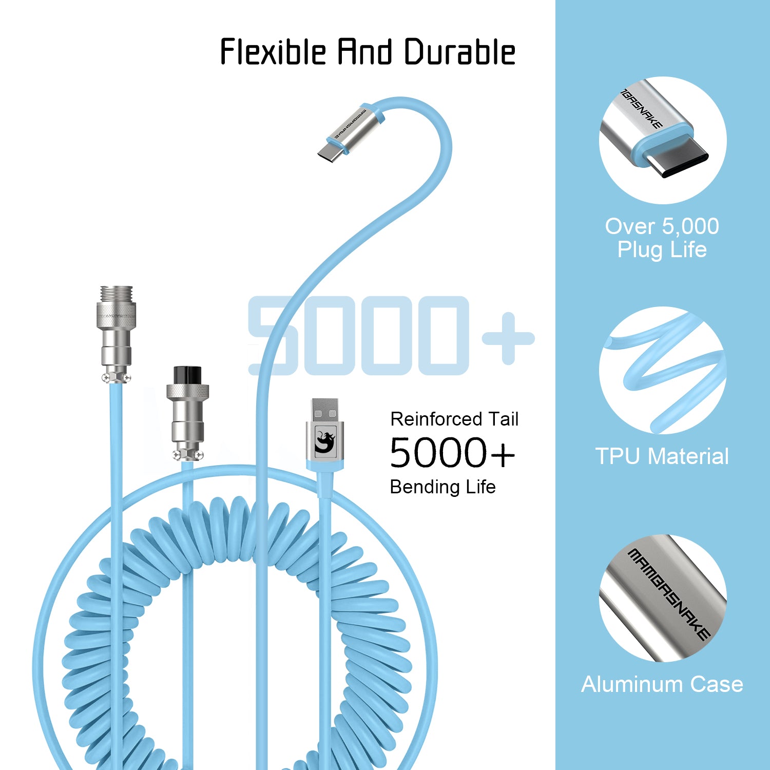 Light blue coiled USB-C keyboard cable with detachable aviator connector, 5000+ bending life.