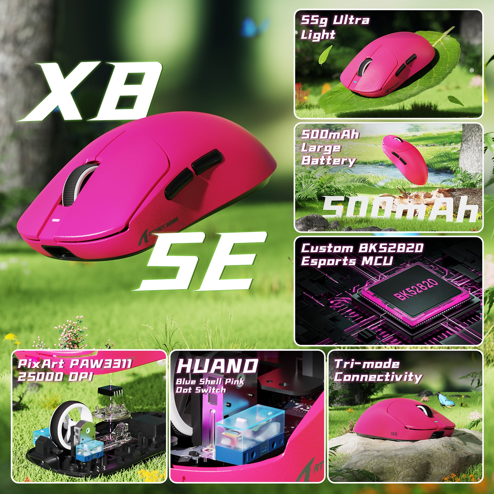 ATTACK SHARK X8SE Kabellose Tri-Mode-Gaming-Maus, 25.000 DPI, ultraleicht