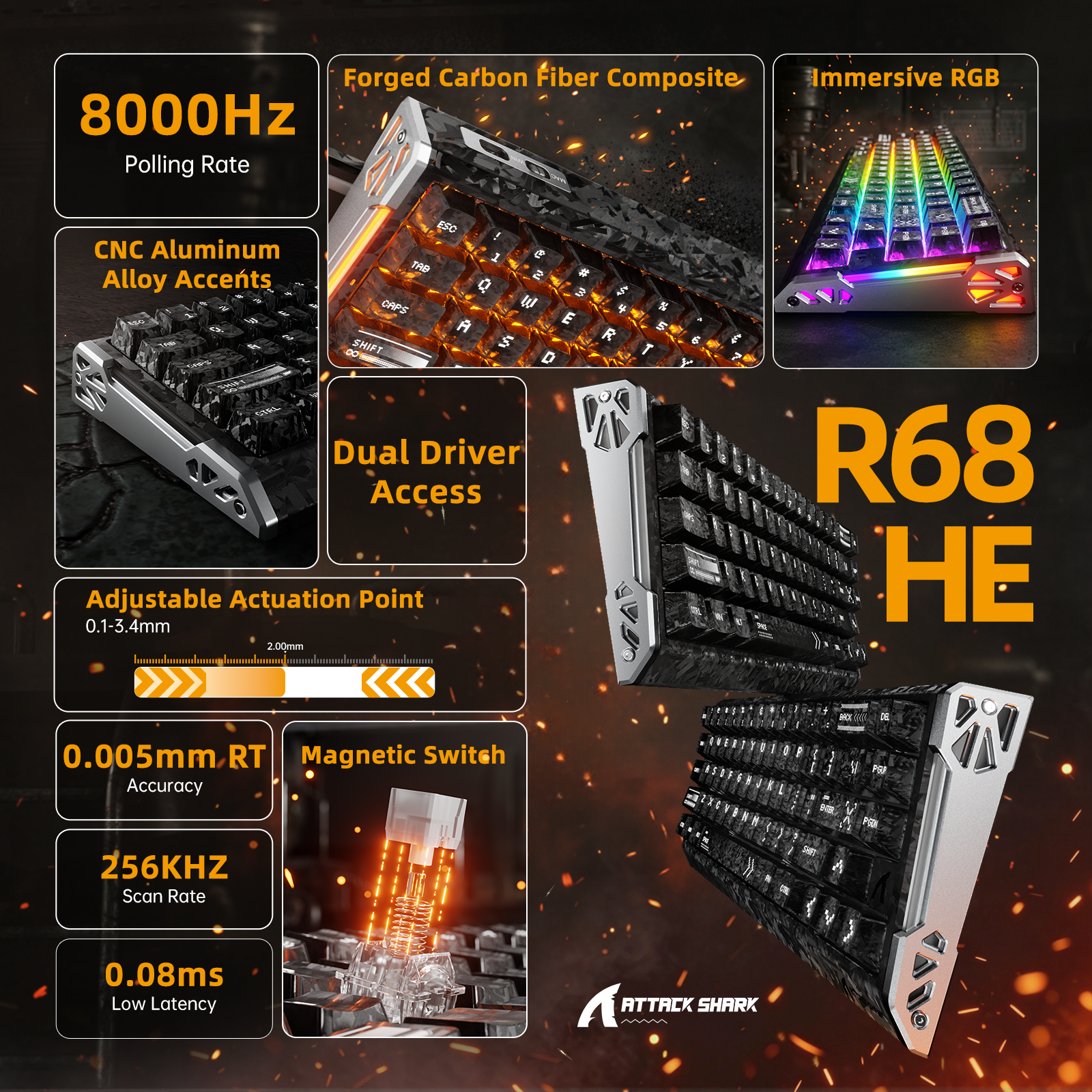 ATTACK SHARK R68 HE Carbonfaser-Schnelltrigger-Tastatur mit Magnetschalter