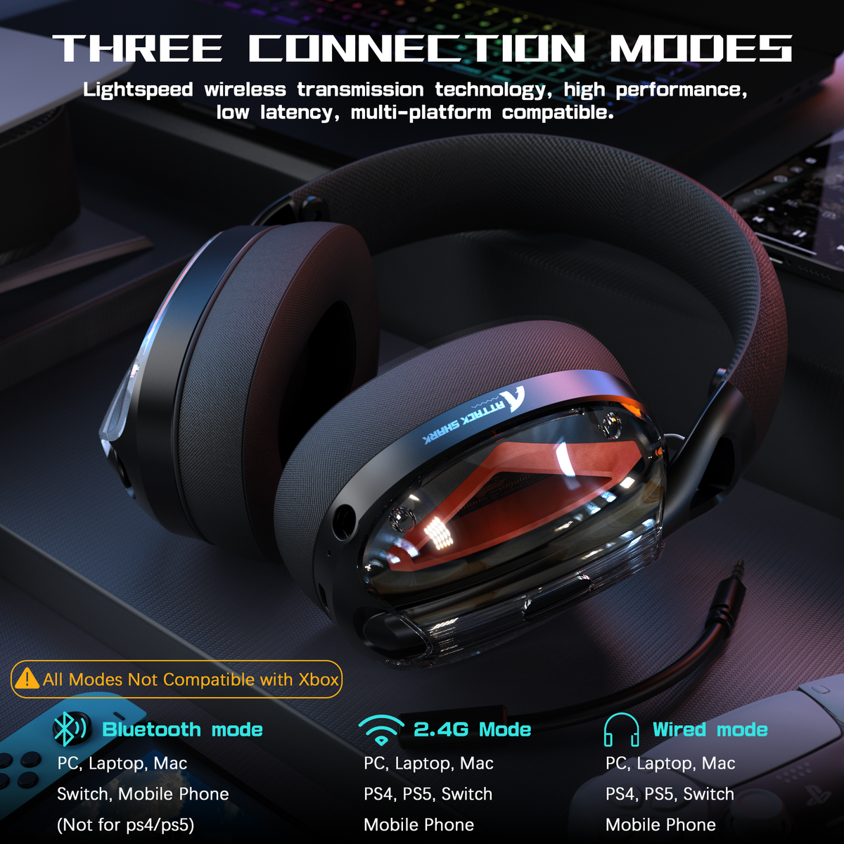 EWEADN x ATTACK SHARK L60 Ultra-light Wireless Gaming Headset, 2.4GHz/Bluetooth/Wired, Over-ear Draadloze Multi-platform Gaming Headset, Afneembare Microfoon, Stereovolumeregeling voor PC,Telefoon-Wit