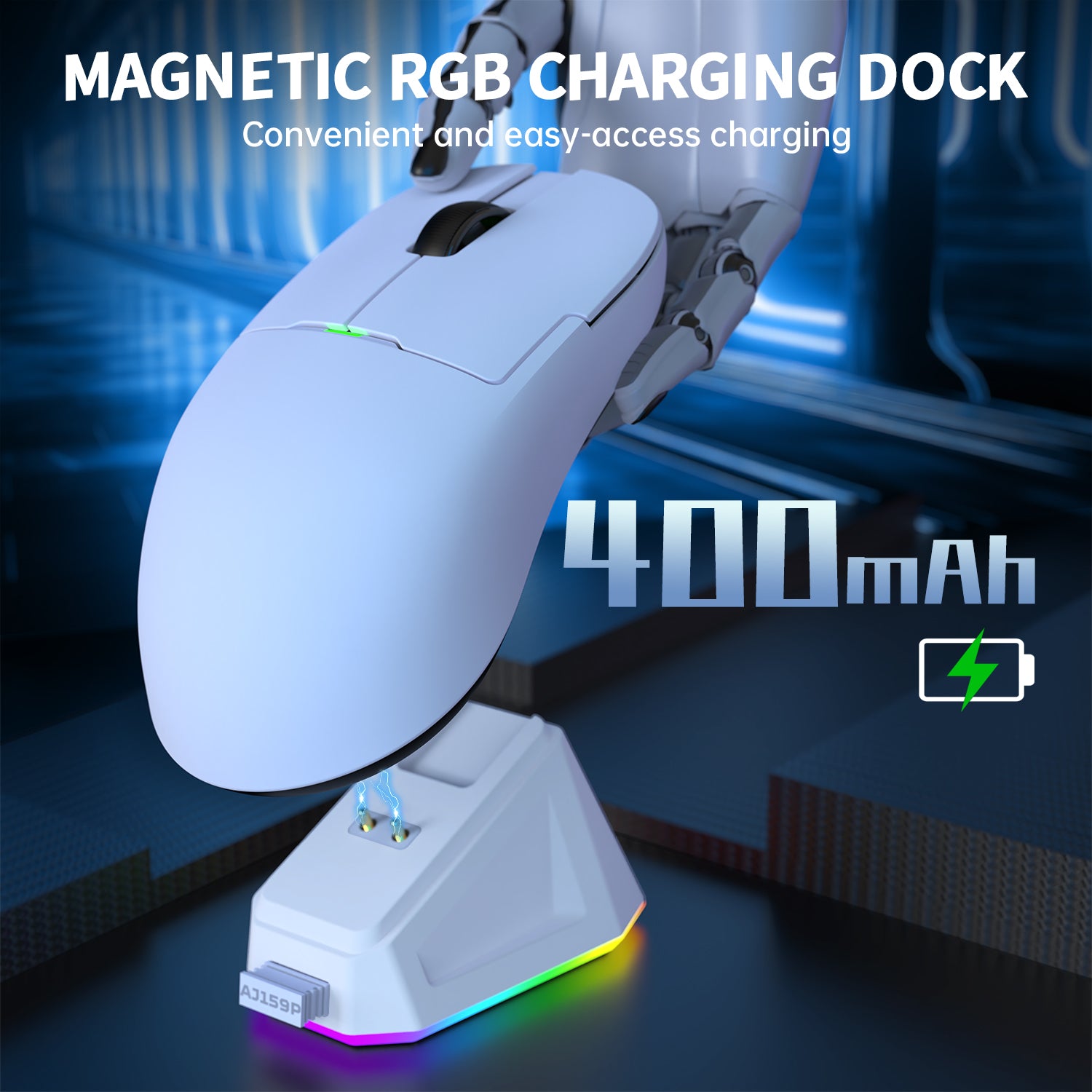 White gaming mouse on RGB magnetic charging dock with 400mAh battery capacity