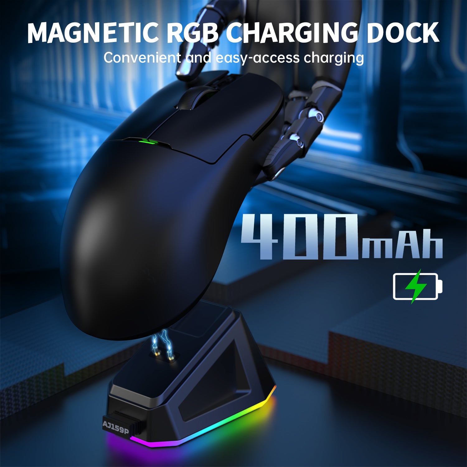 AJ159 gaming mouse on magnetic RGB dock with 400mAh battery for fast charging