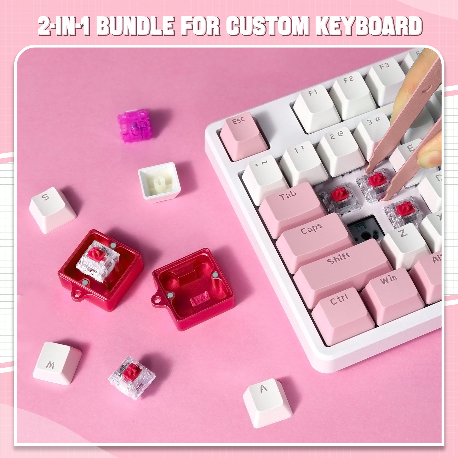 2-in-1 switch opener kit for customizing mechanical keyboards on a pink background.