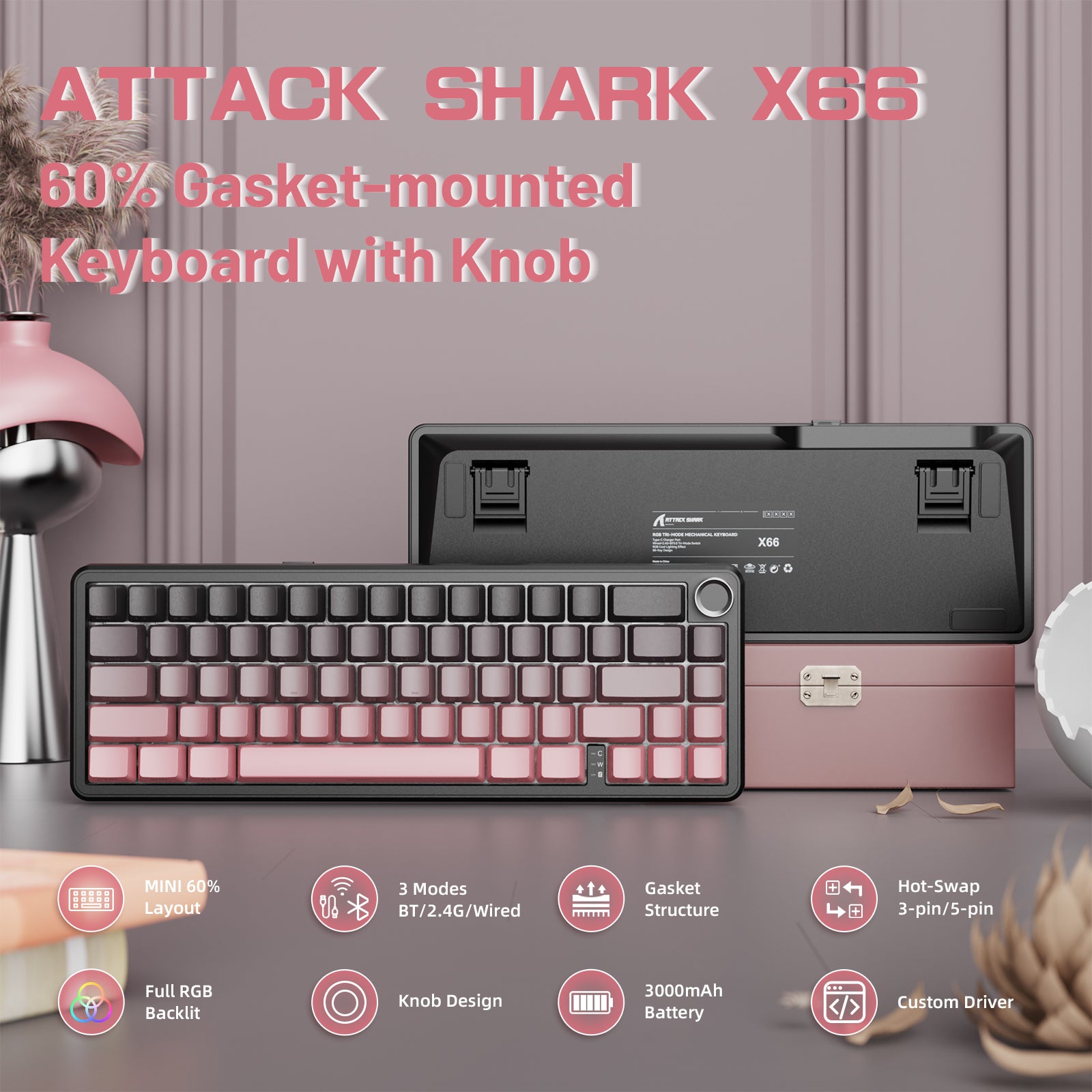 Clavier mécanique sans fil ATTACK SHARK X66 avec câble spiralé 8K