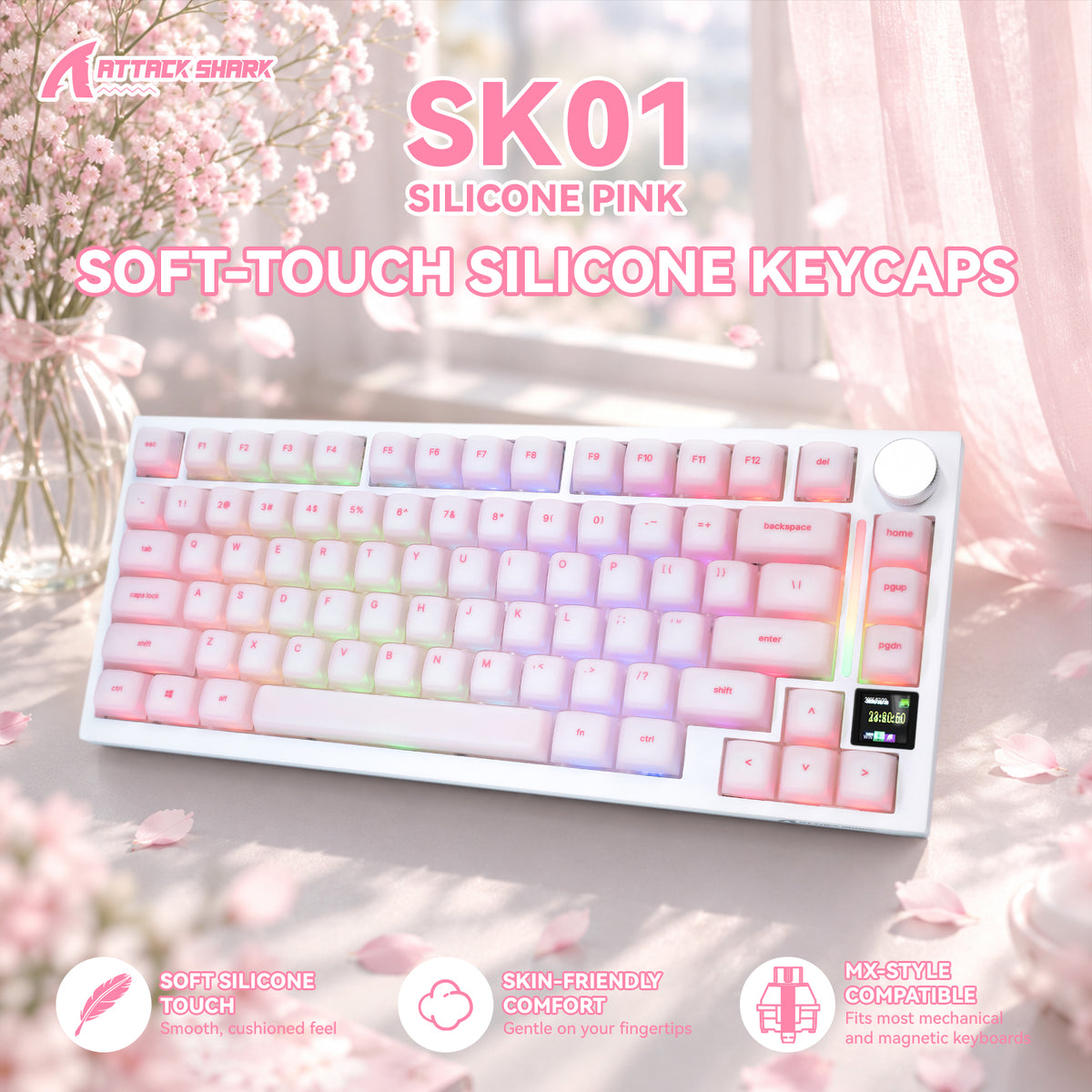 ATTACK SHARK SK01 113 Keys Silicone Keycap Set, Cherry Profile, ANSI, Pink
