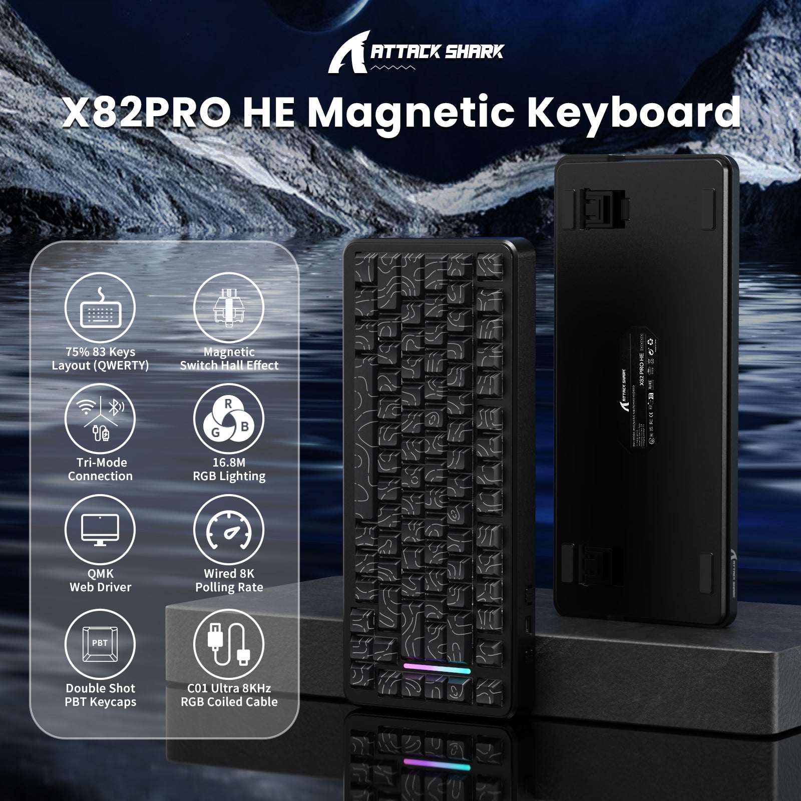 Clavier magnétique ATTACK SHARK X82PRO HE avec câble spiralé C01Ultra RGB