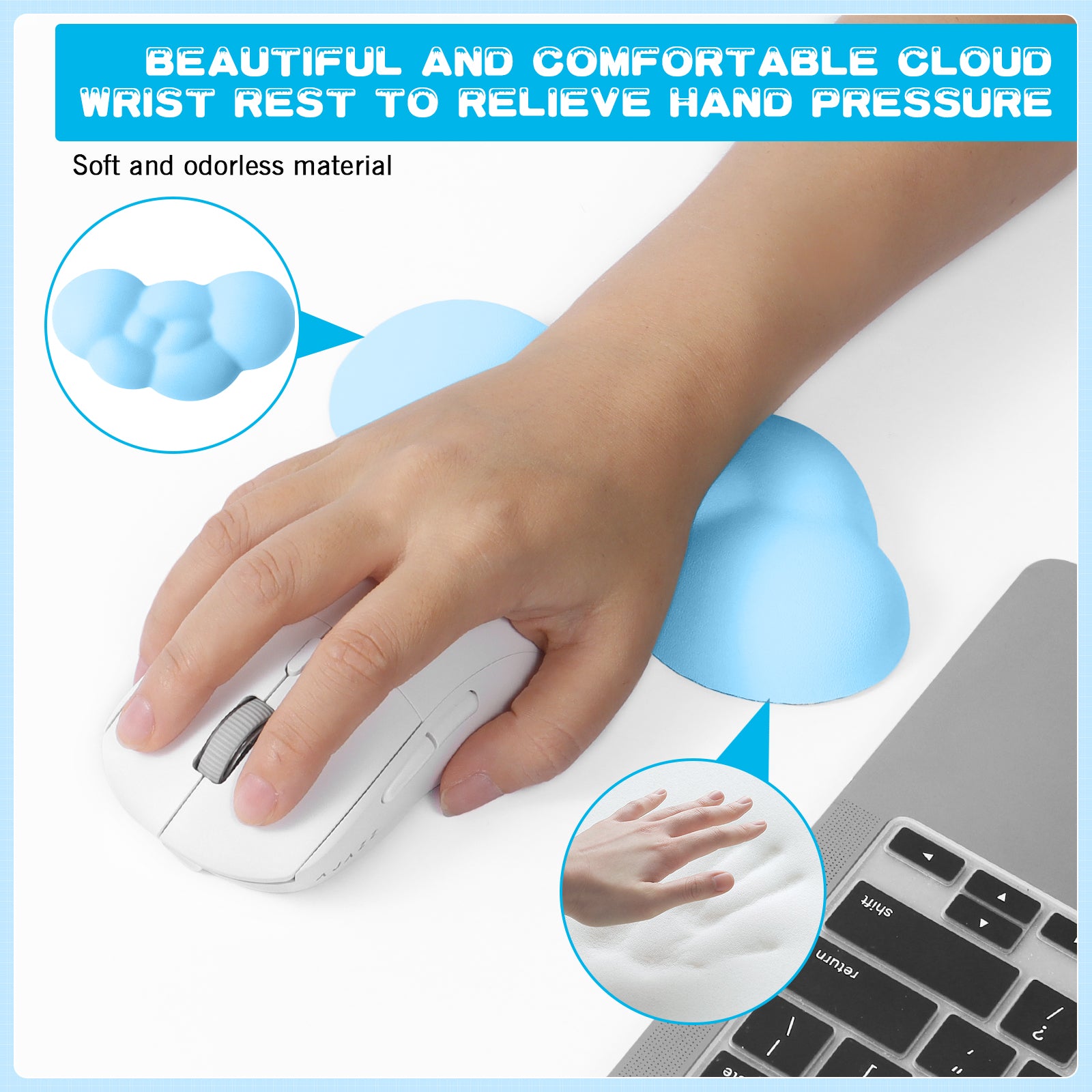 Light blue cloud wrist rest supporting hand with a gaming mouse on a laptop.