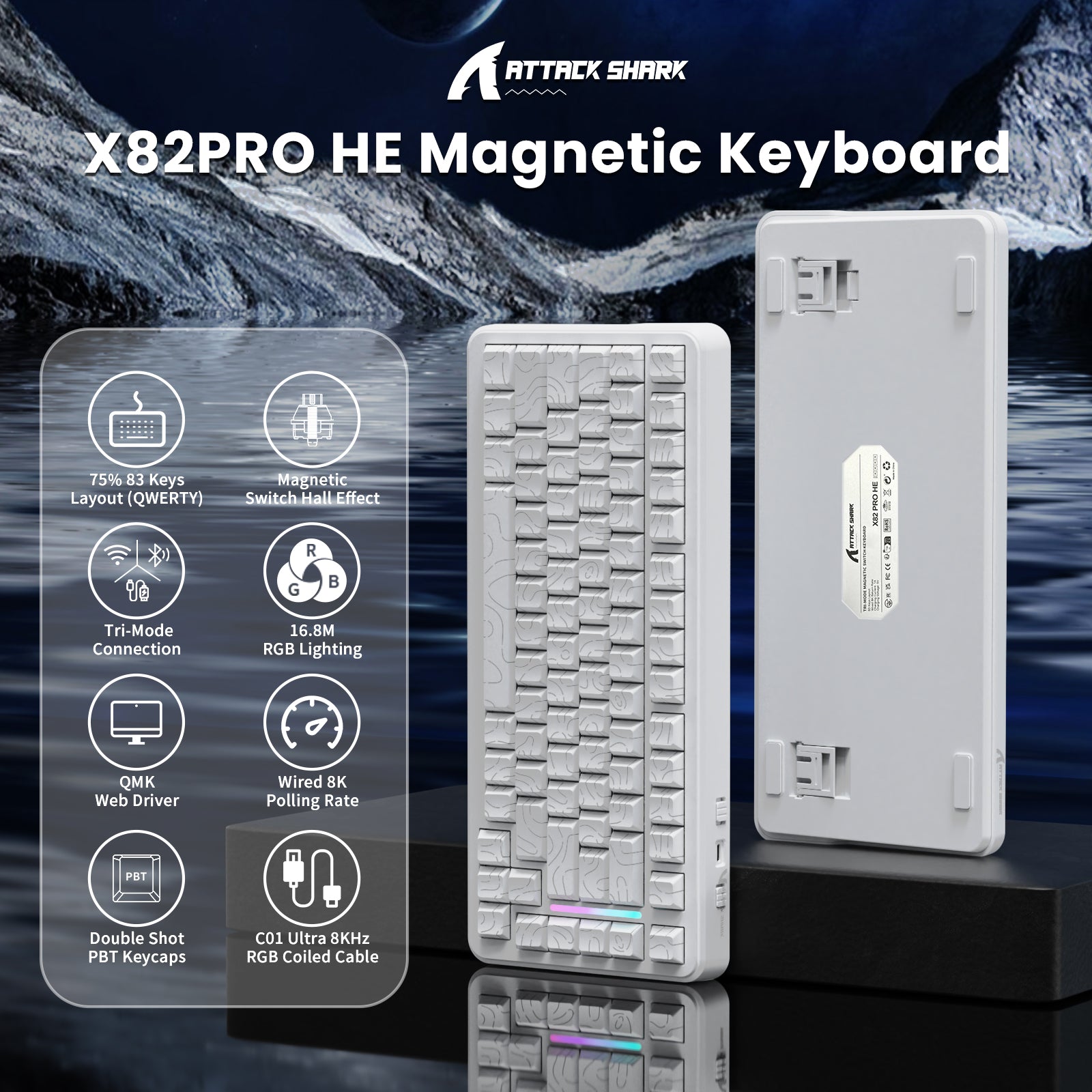 Clavier magnétique ATTACK SHARK X82PRO HE avec câble spiralé C01Ultra RGB