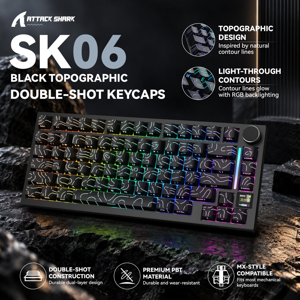 ATTACK SHARK SK06, 135 touches, touches translucides, ANSI/ISO