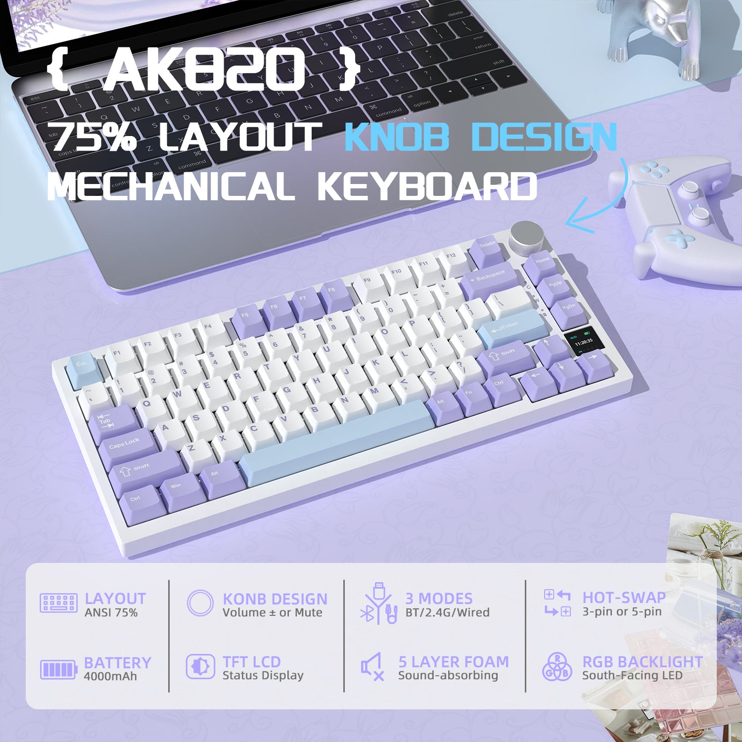 Attack Shark AK820 white and purple mechanical keyboard with knob, 75% layout, RGB lighting