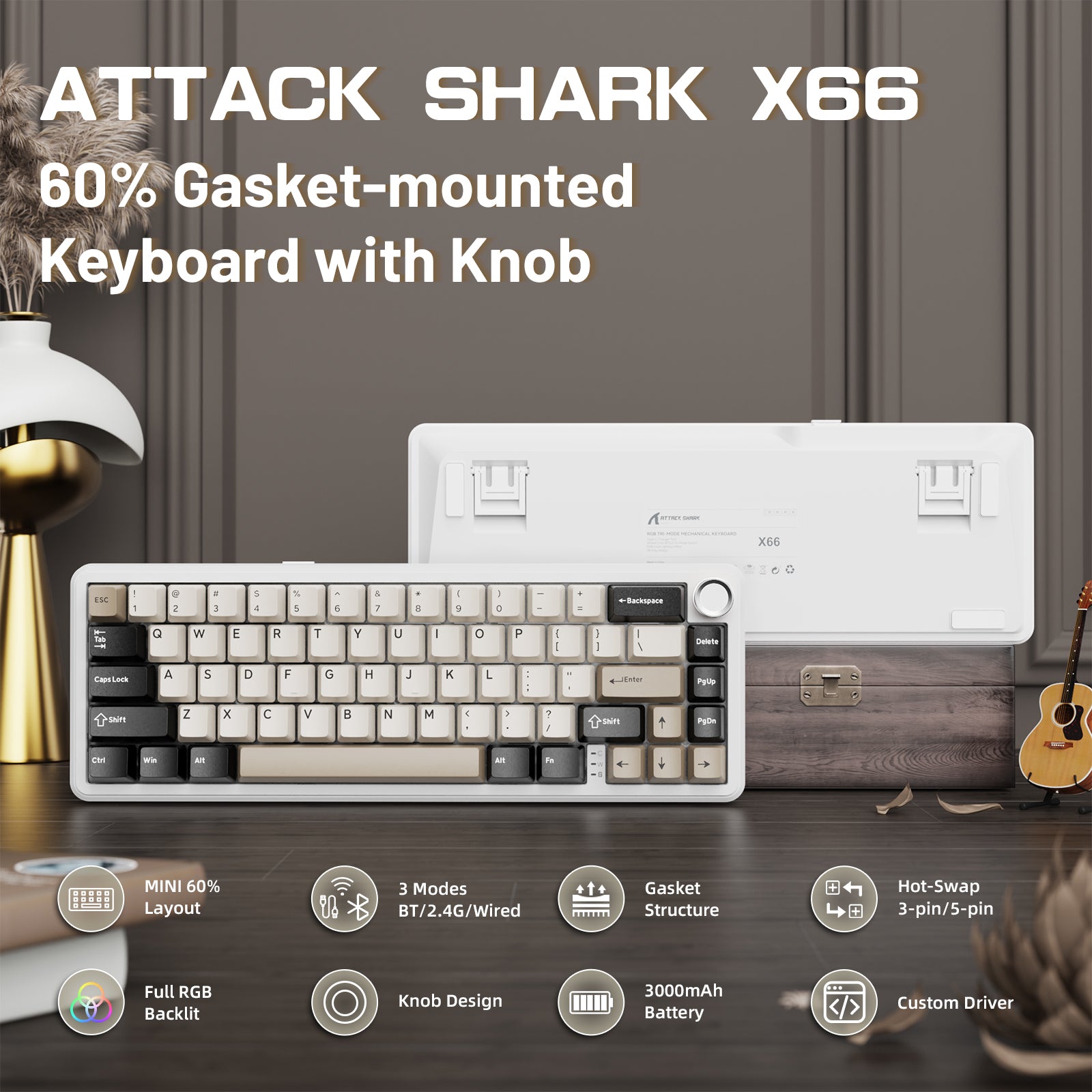 Teclado mecánico inalámbrico ATTACK SHARK X66 con cable en espiral de 8K