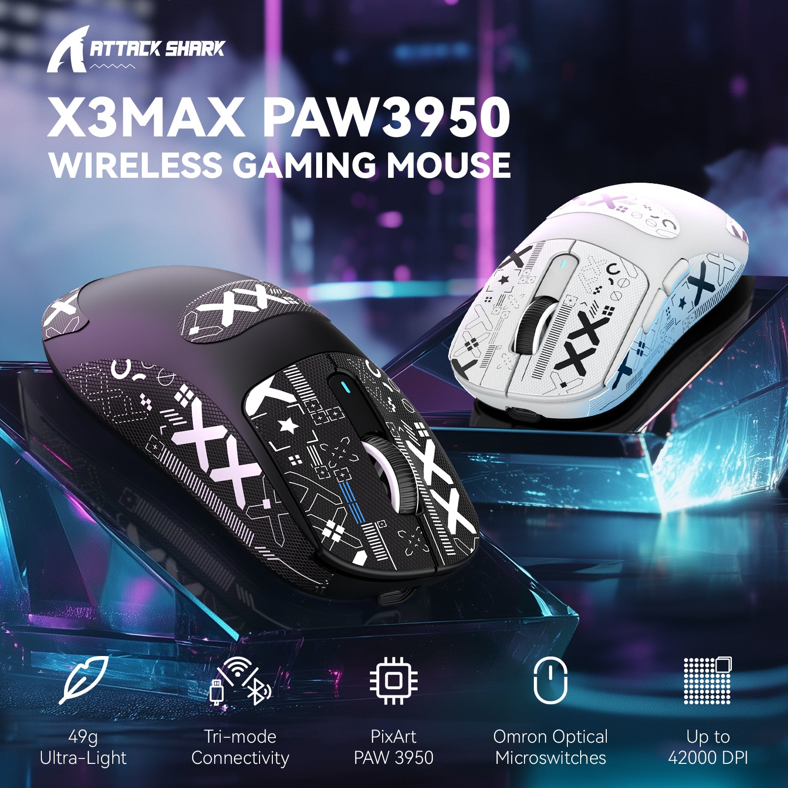 Attack Shark X3MAX PAW3950 wireless gaming mouse featured in sleek black and white design.