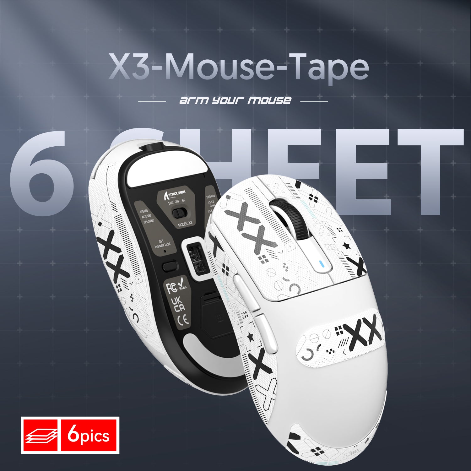 X3 mouse grip tape pack with six sheets and geometric design for gaming.