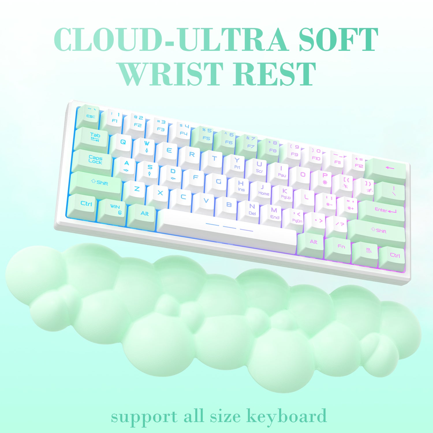 Mint green cloud-shaped wrist rest supporting all-size keyboards under a pastel keyboard.