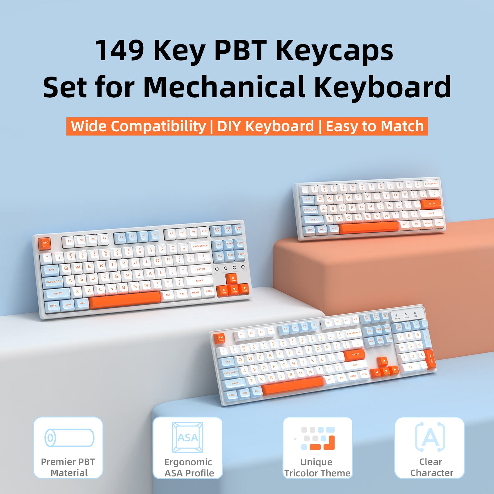 149 key PBT keycaps set in tricolor for mechanical keyboards with orange accents.