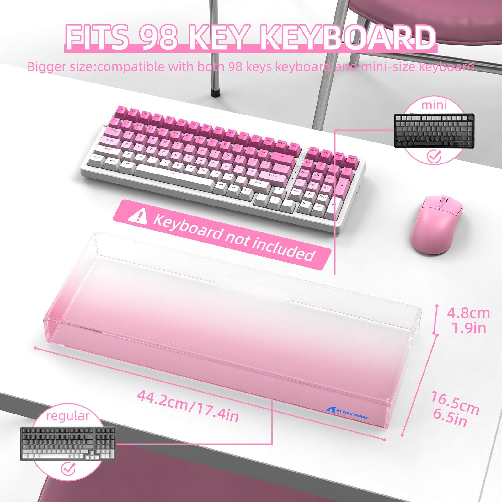 Pink acrylic keyboard cover compatible with 98 keys and mini keyboards.