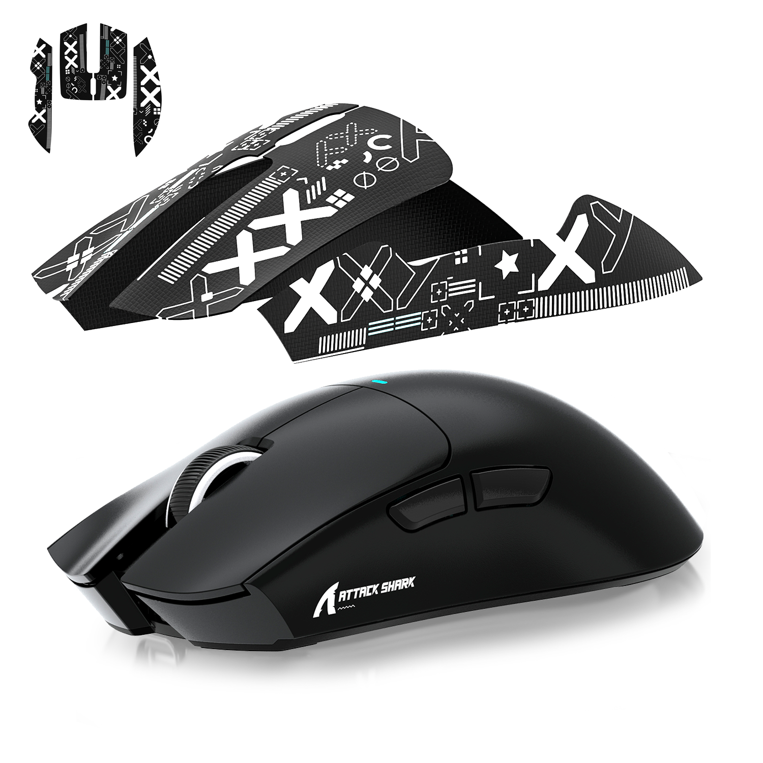 Attack Shark X11 mouse with anti-slip grip tape sheets showcasing stylish graphics.