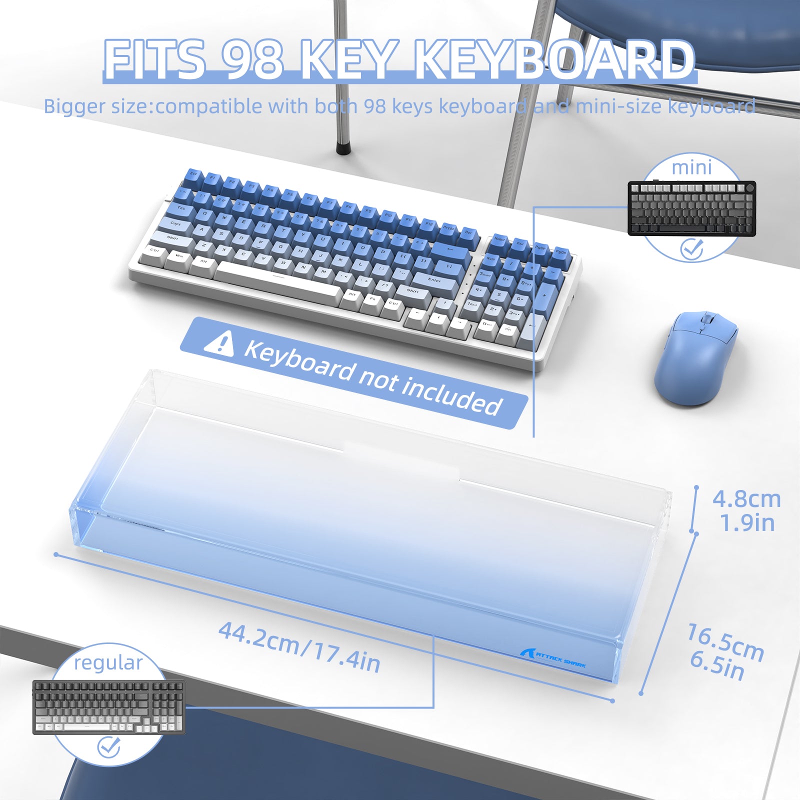 Attack Shark acrylic keyboard cover fits 98 keys and mini keyboards, dimensions shown.